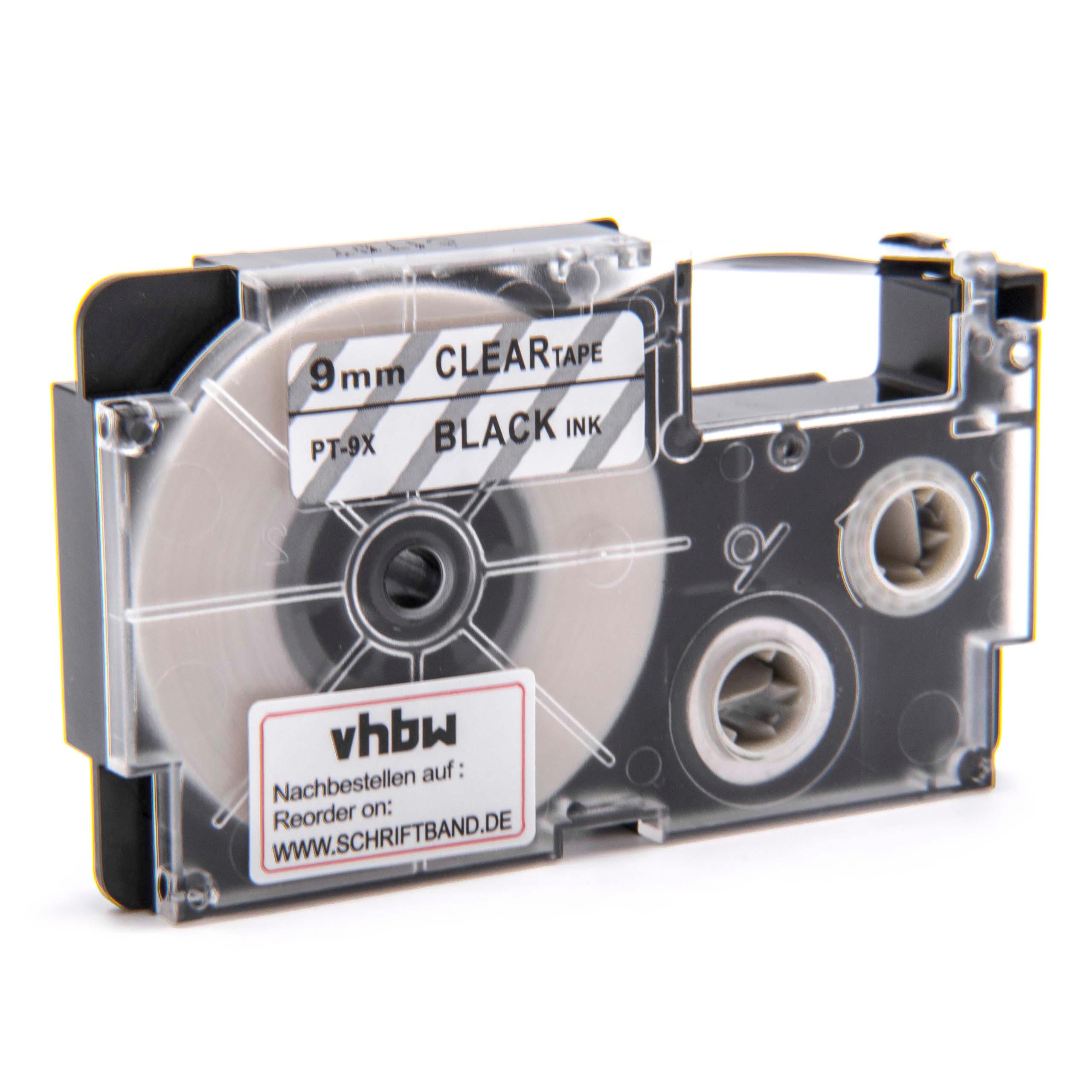 Label Tape as Replacement for Casio XR-9X, XR-9X1 - 9 mm Black to Transparent