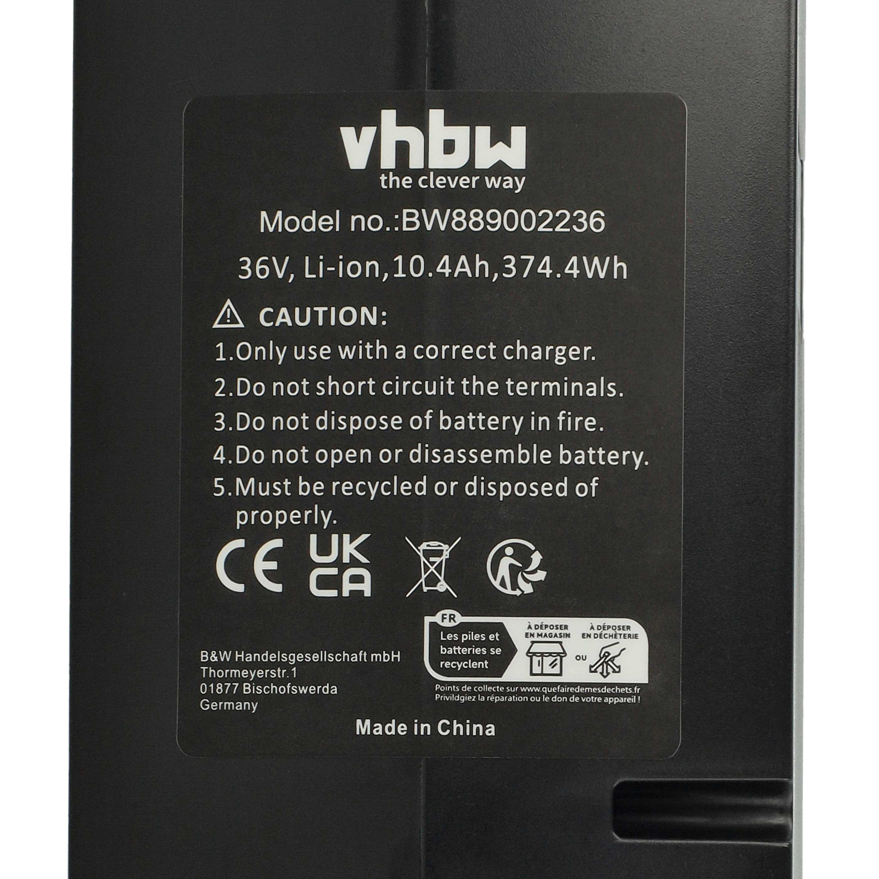 E-Bike Battery Replacement for Bosch 0 275 007 501, 0 275 007 503, 0 275 007 500 - 10.4Ah 36V Li-Ion, black