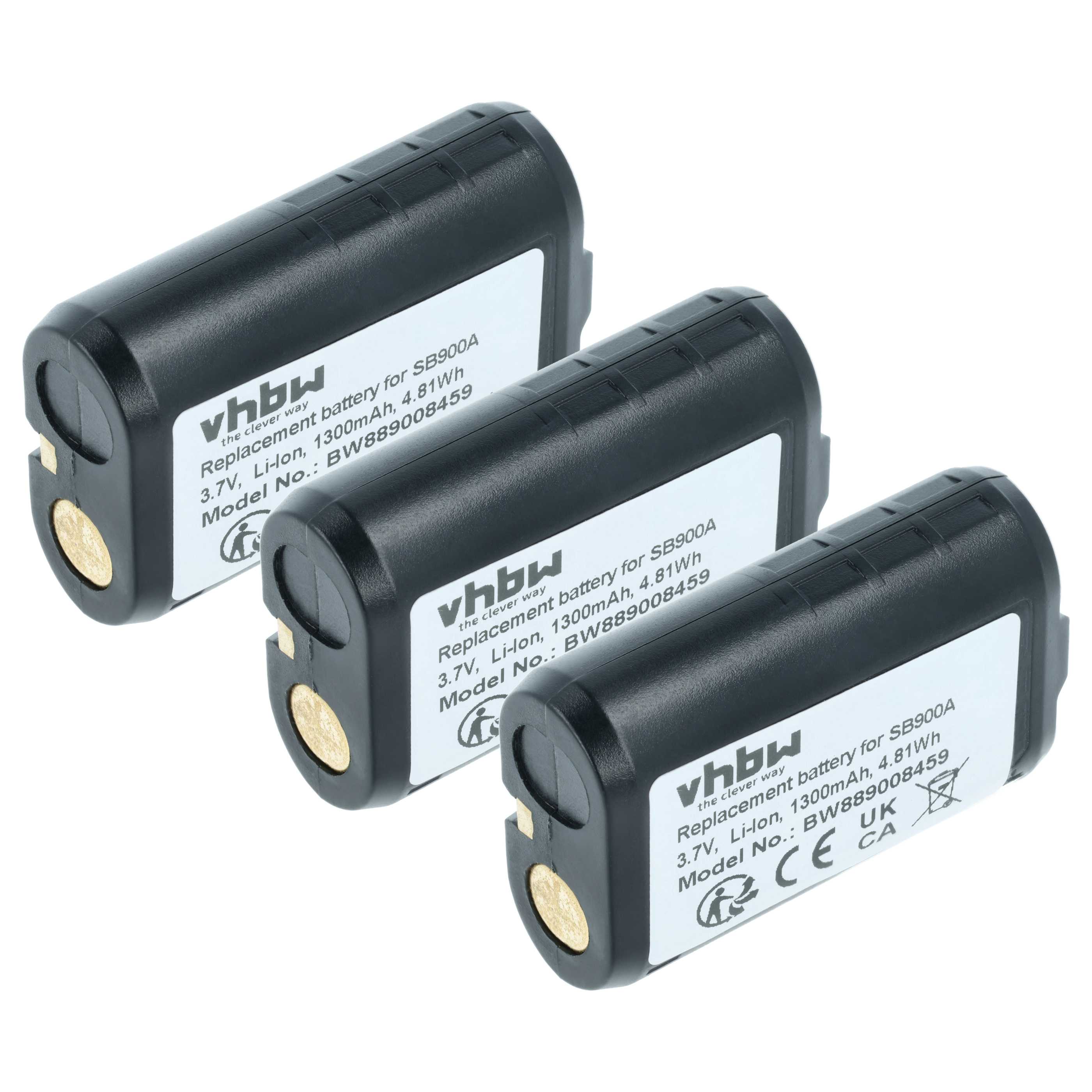Wireless System 3x Battery replaces Shure SB900A, SB900B, SB900C, 95A42465, SB900 - 1300 mAh 3.7 V Li-Ion