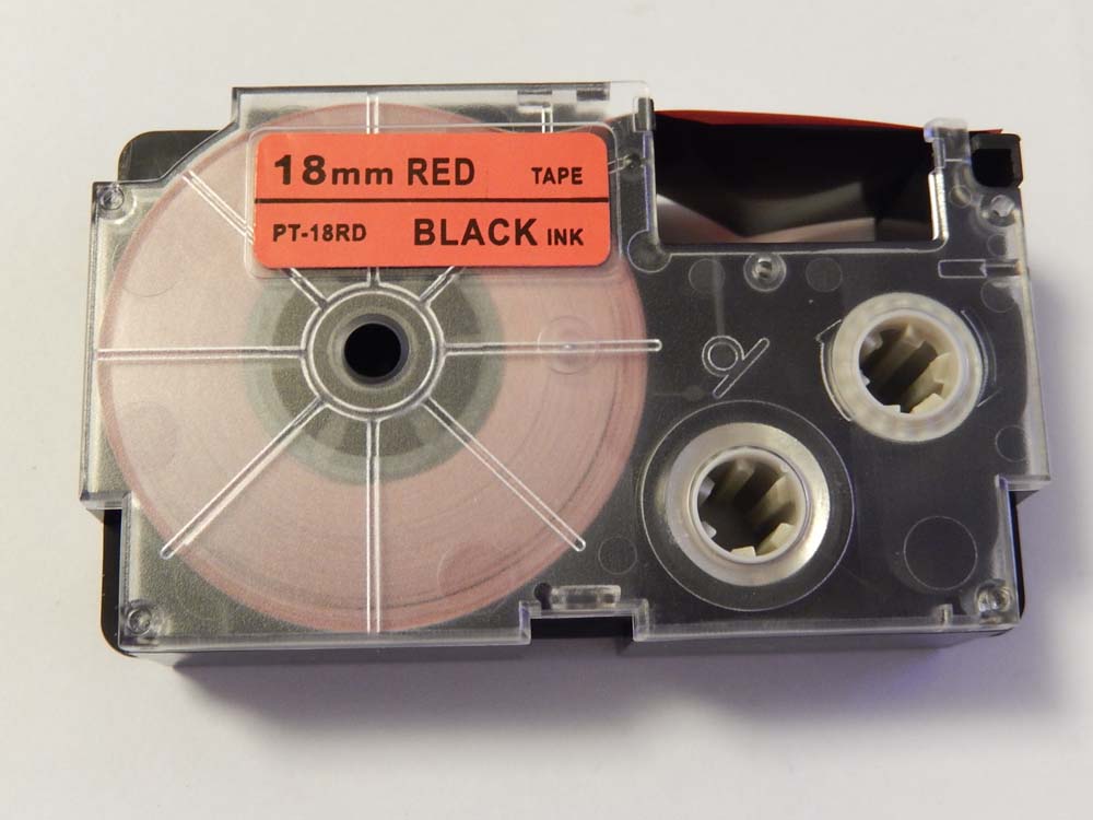Taśma do etykiet zam. Casio XR-18RD1, XR-18RD - 18mm, napis czarny / taśma czerwona, pet+ RESIN