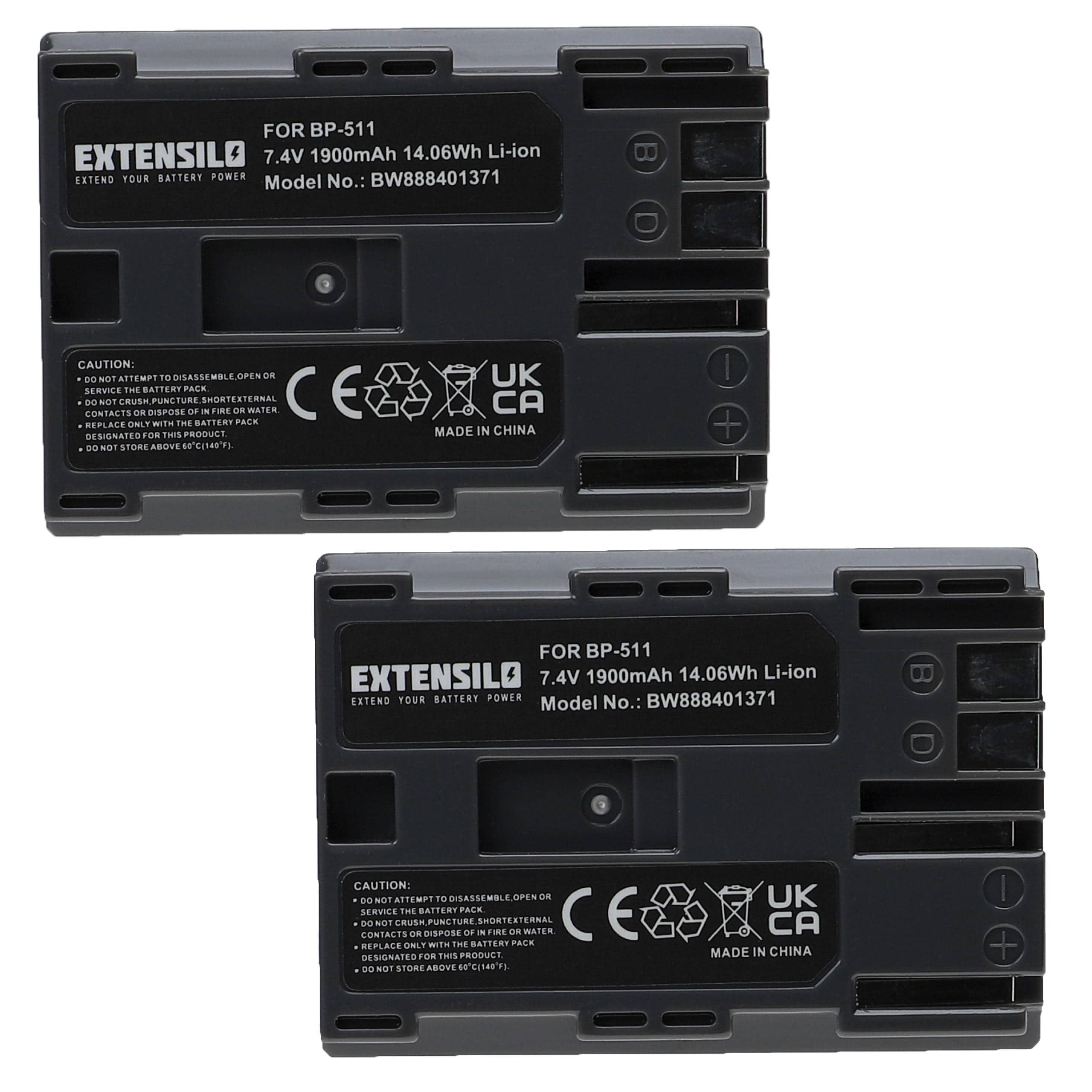2x Battery replaces Canon BP-535, BP-512, BP-511A, BP-522, BP-514, BP-511, BP-508 - 1900mAh, 7.4V, Li-Ion