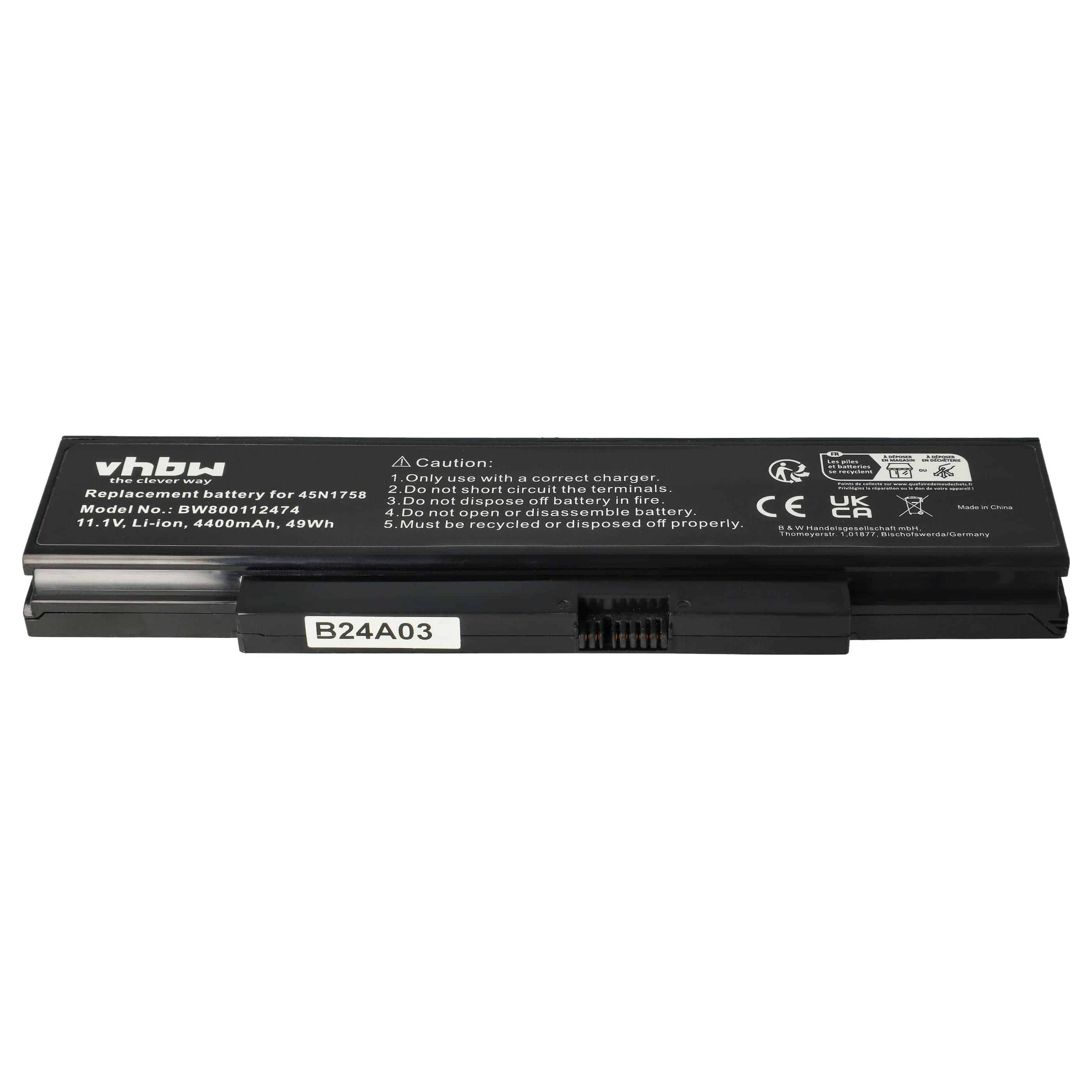 Notebook-Akku als Ersatz für Lenovo 45N1761, 45N1760, 45N1759, 45N1758 - 4400mAh 10,8V Li-Ion, schwarz