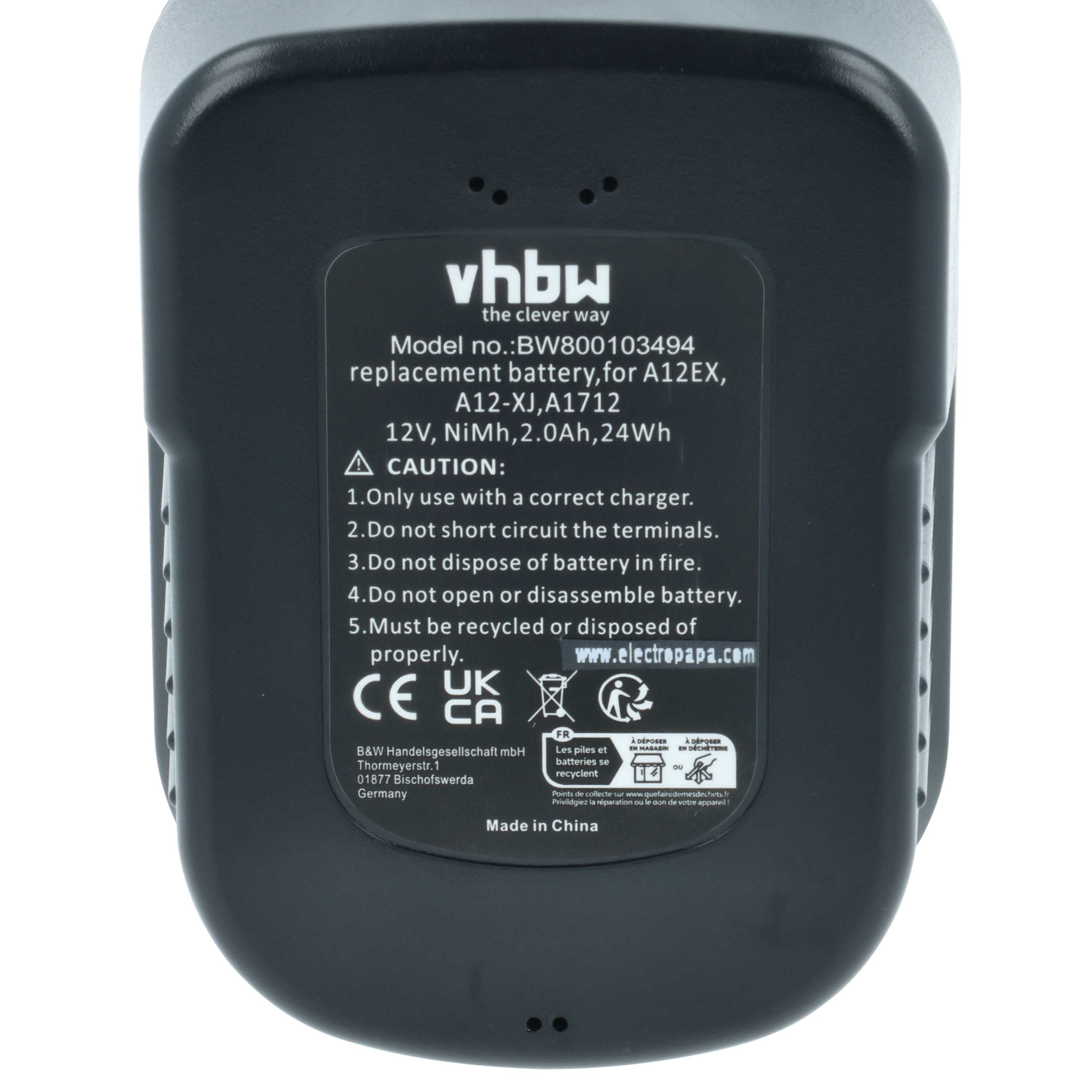 Battery replaces Black & Decker A12, A12-XJ, A12EX, A1712, A12E Electric Power Tool - 2000 mAh, 12 V, NiMH
