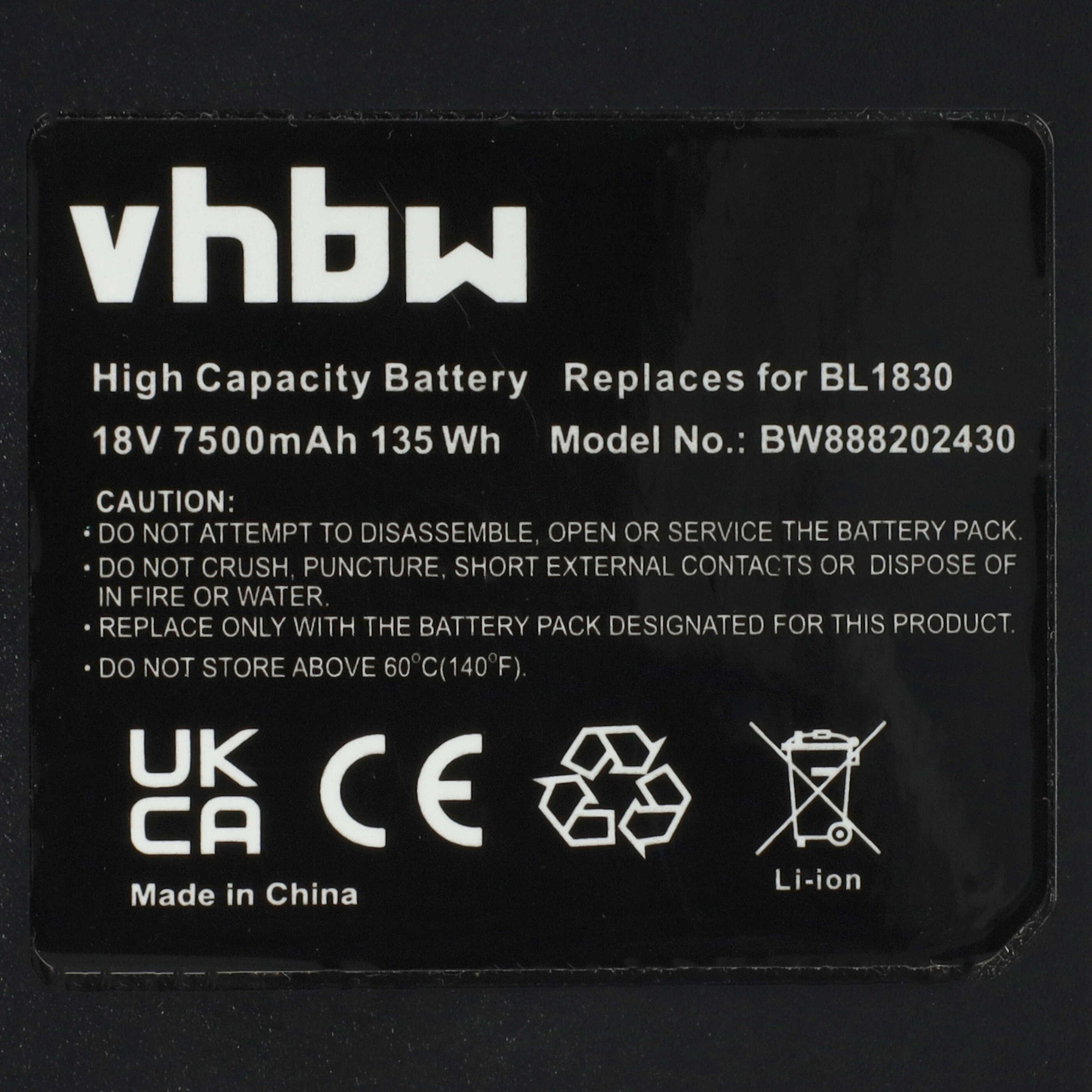 Electric Power Tool Battery Replaces Makita 194309-1, 194230-4, 194205-3, 194204-5 - 7500 mAh, 18 V, Li-Ion