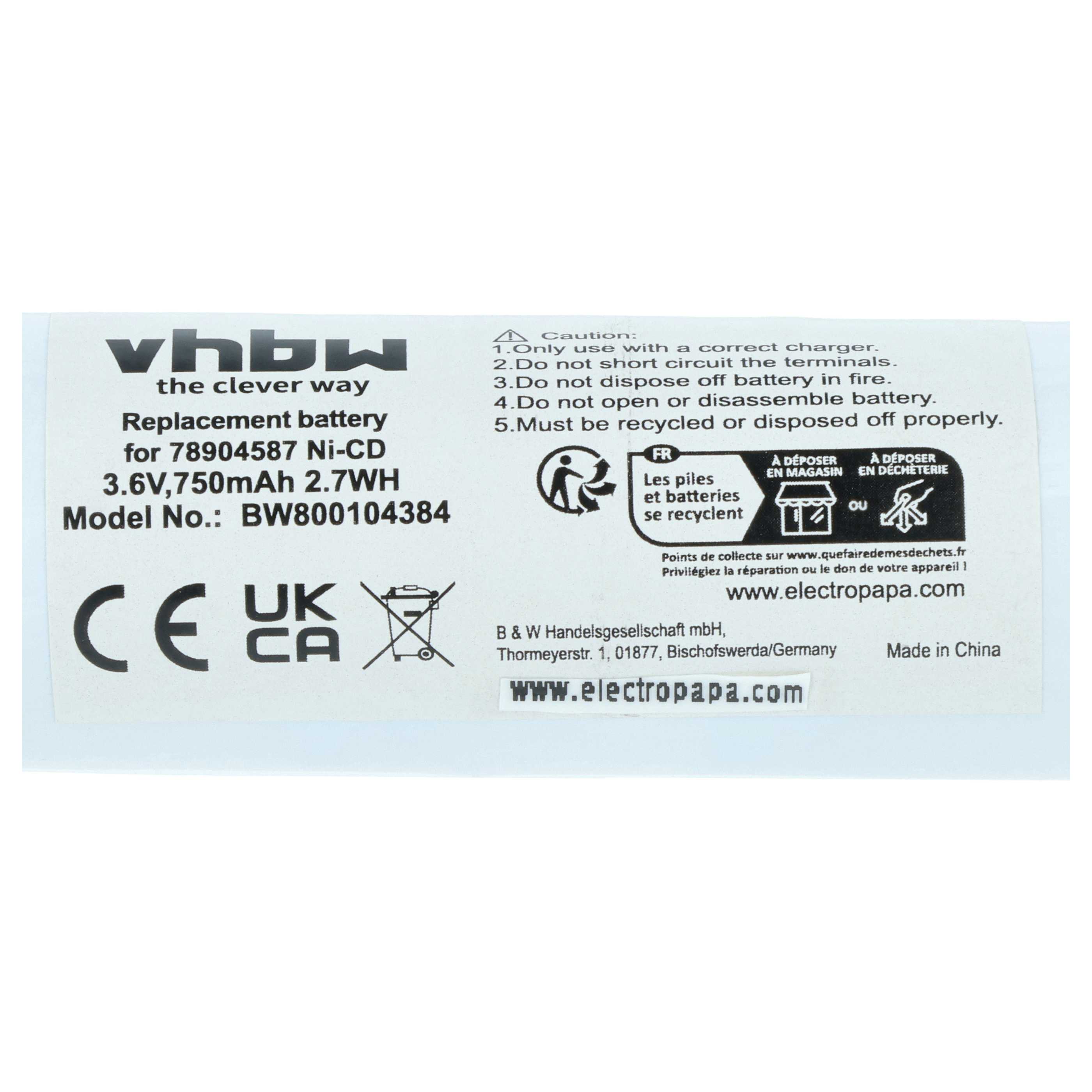 Batterie (2 pcs.) remplace Welch Allyn 78904587 pour appareil médical Cardinal Medical - 750mAh 3,6V NiCd