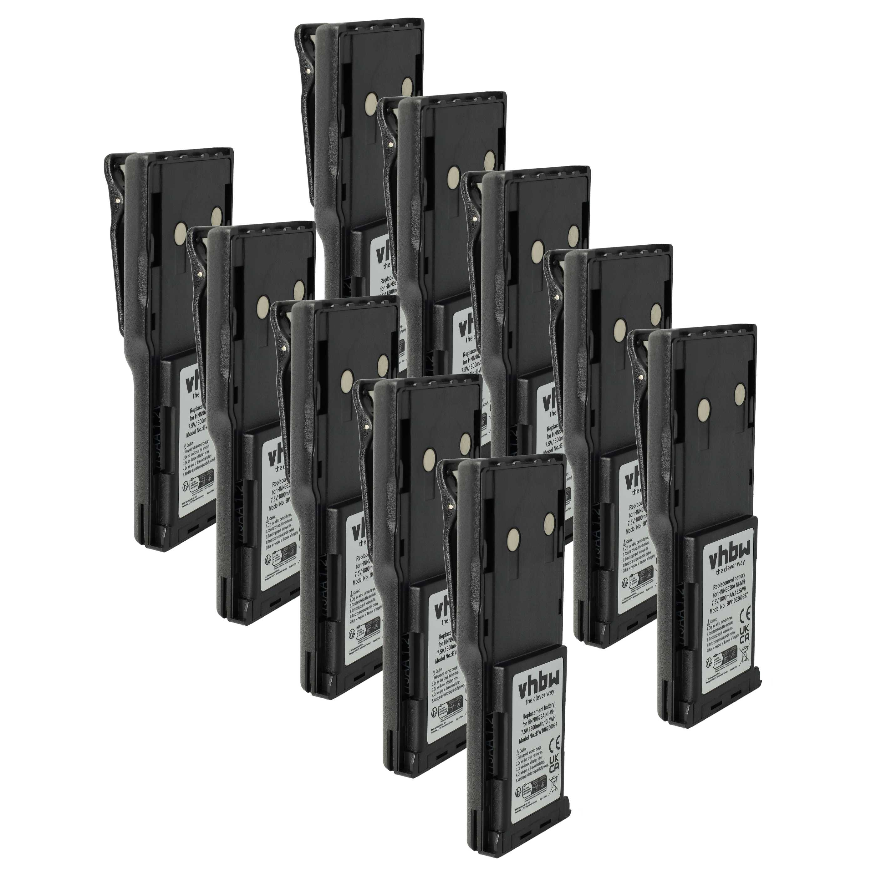 Radio 10x Battery replaces Motorola HNN8133C, HNN9628A, HNN8308A, HNN9628 - 1800 mAh 7.5 V NiMH + Belt Clip