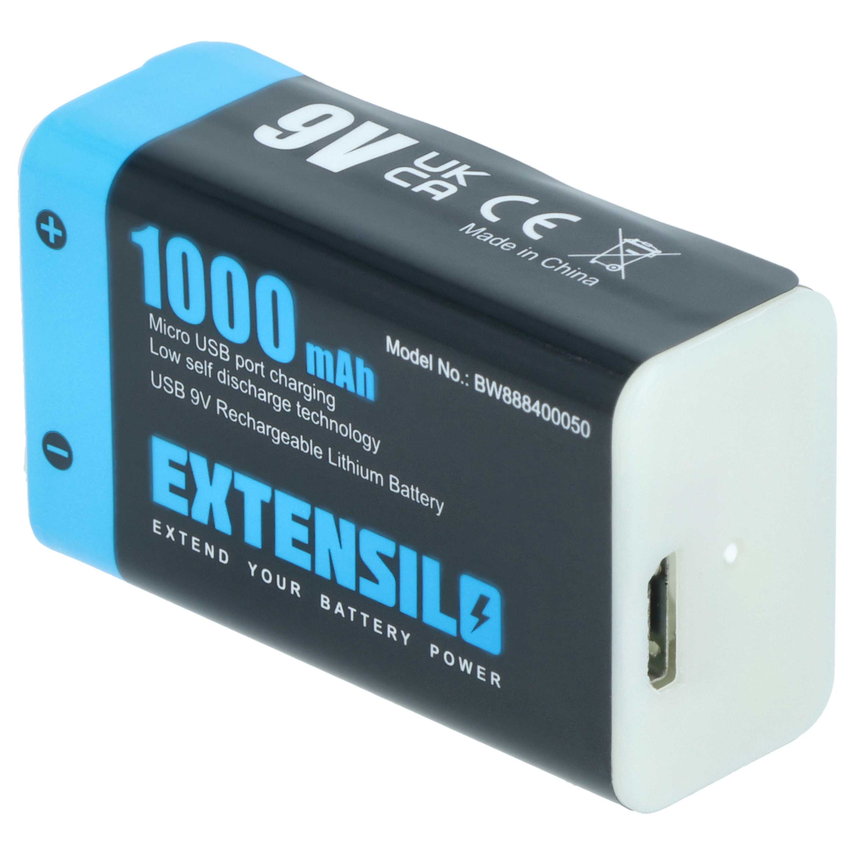 9V Block 4x Battery replaces Daitem BATV13 Alarm Systems & Various Devices - 1 Ah 9 V Li-Ion + Micro USB Port