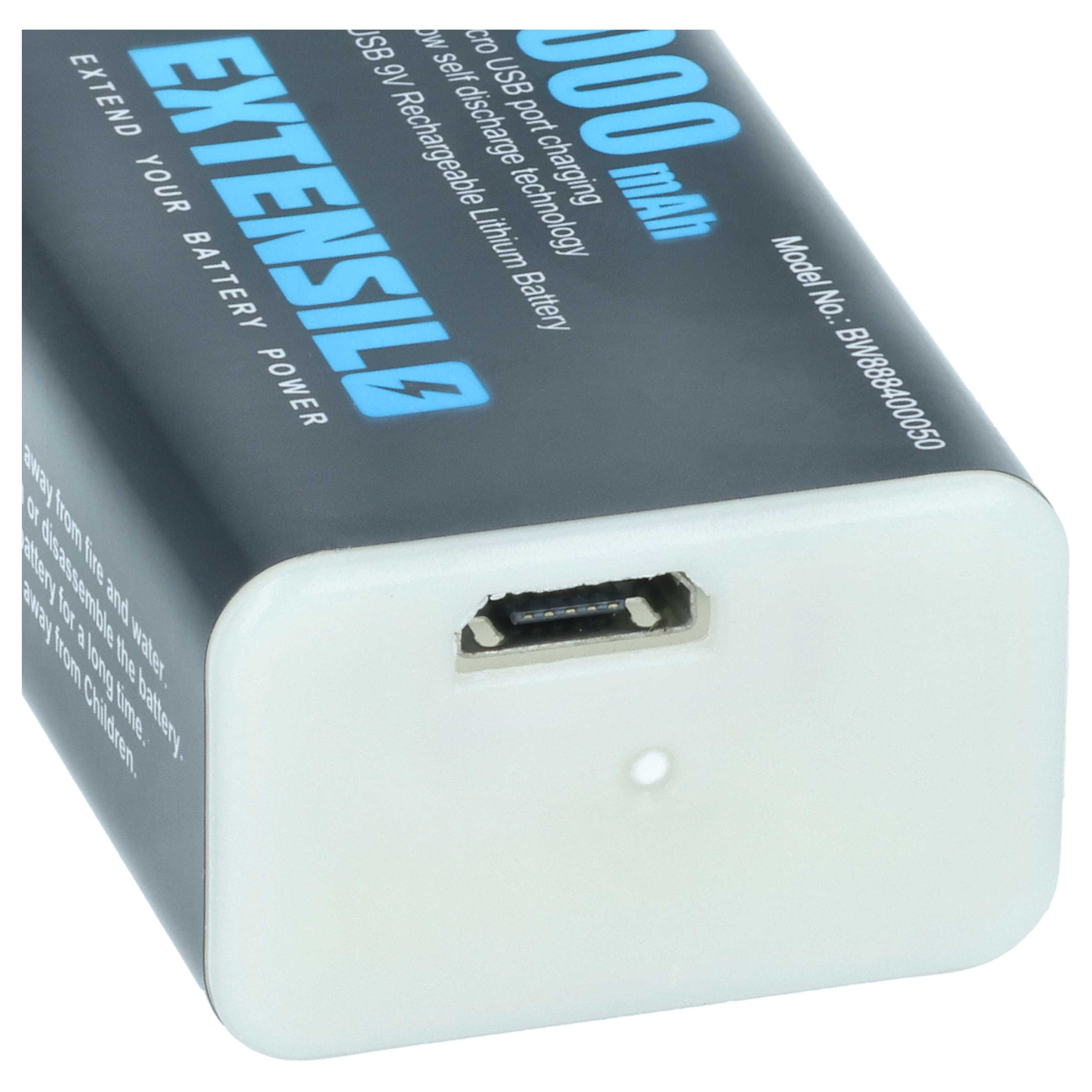 9V Block 4x Battery replaces Daitem BATV13 Alarm Systems & Various Devices - 1 Ah 9 V Li-Ion + Micro USB Port
