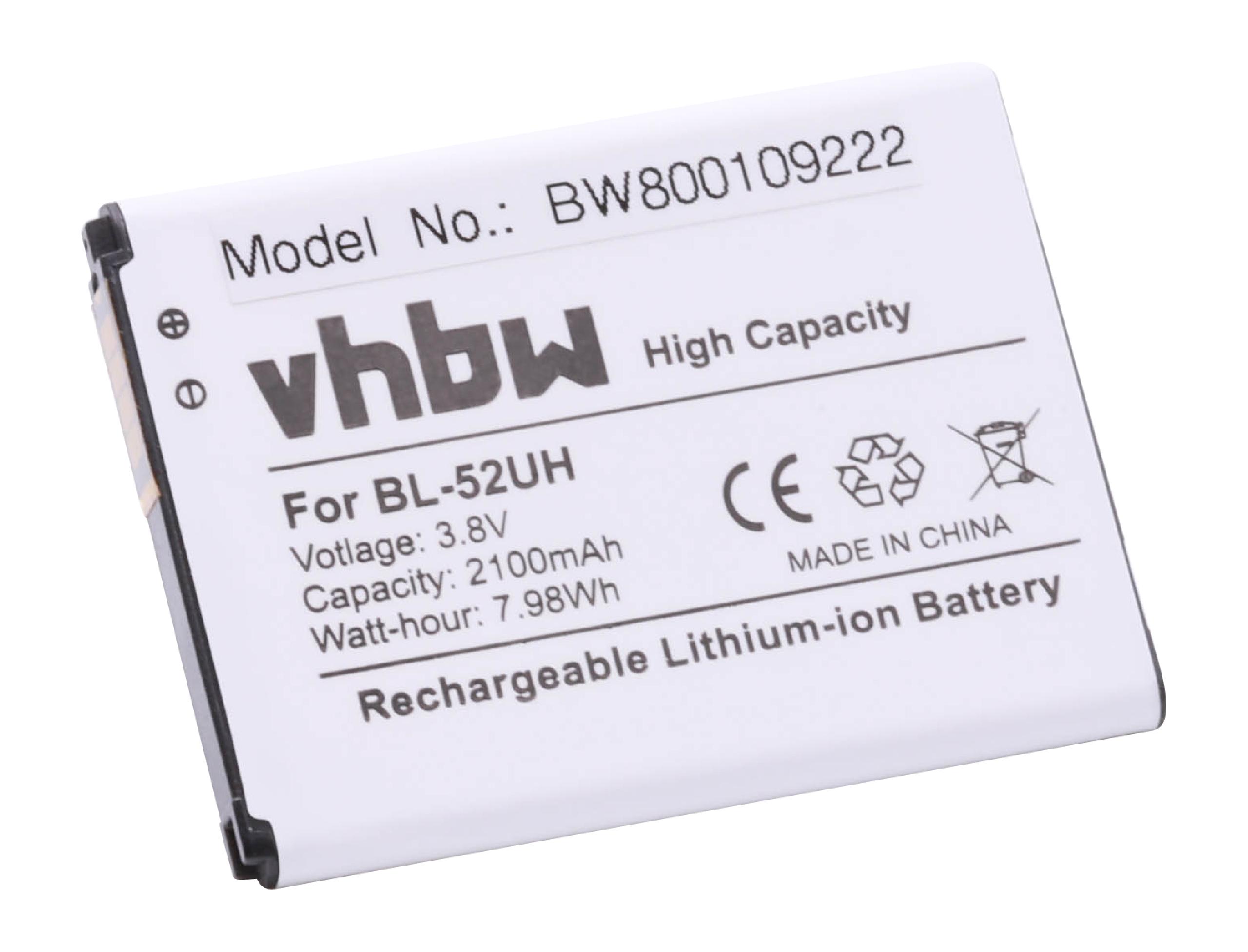 Batería reemplaza BL-52UH para móvil, teléfono LG - 2100 mAh 3,8 V Li-Ion