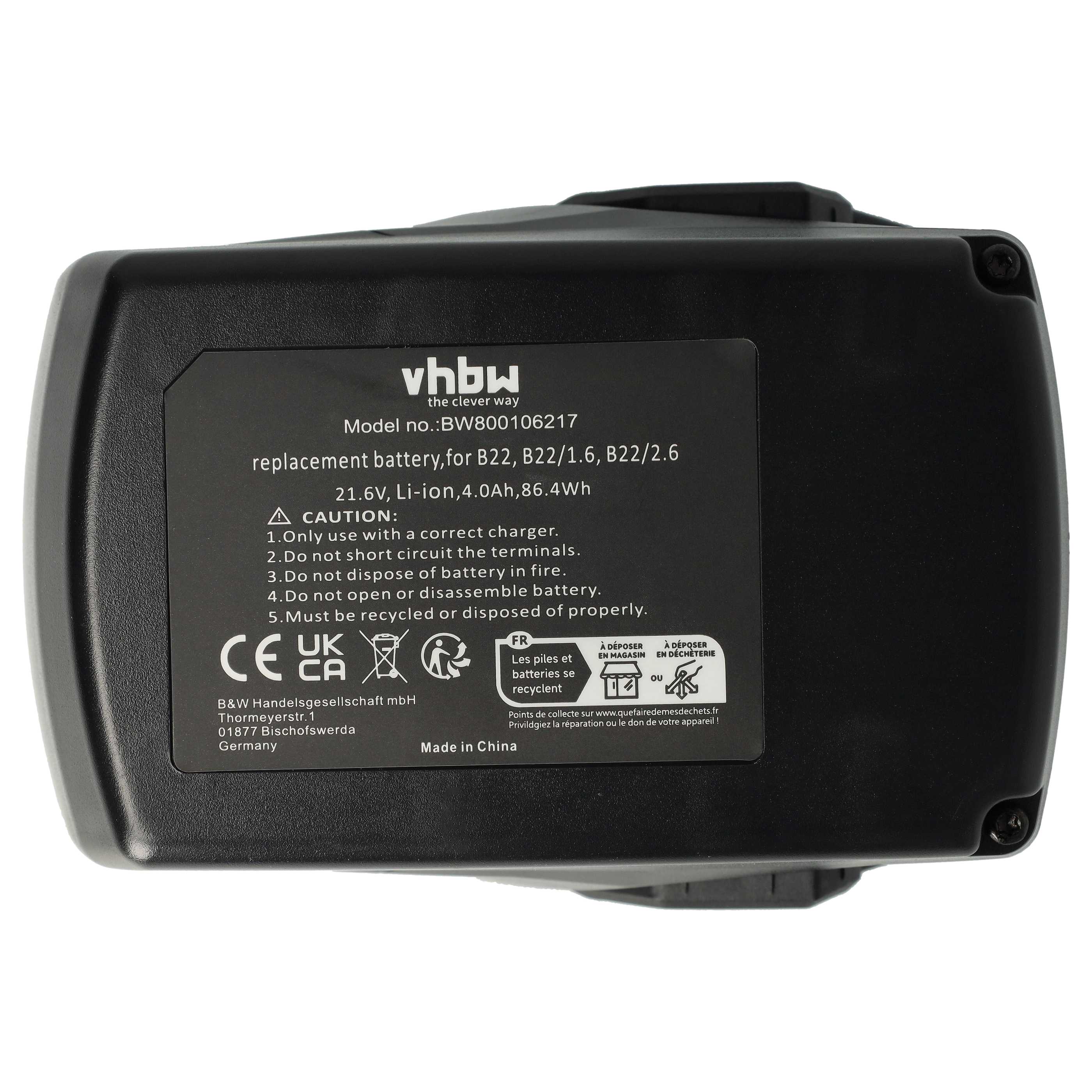 Battery replaces Hilti 2018498, 2136393, 2136395, 2183185 Electric Power Tool - 4000 mAh, 21.6 V, Li-Ion