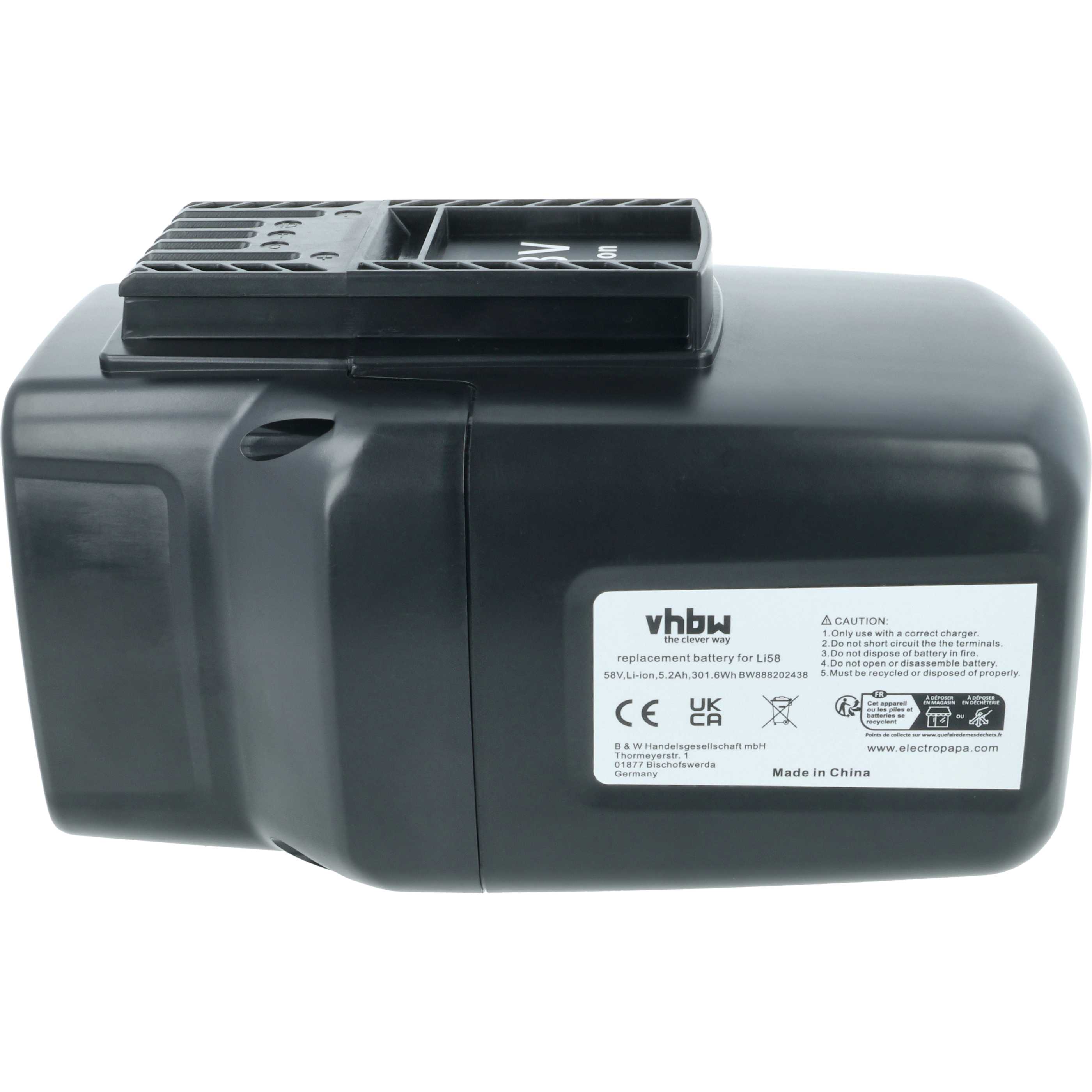 Battery replaces McCulloch 59-09.238.03, 582611701, 590810401 - 5200 mAh 58 V Li-Ion, black / yellow