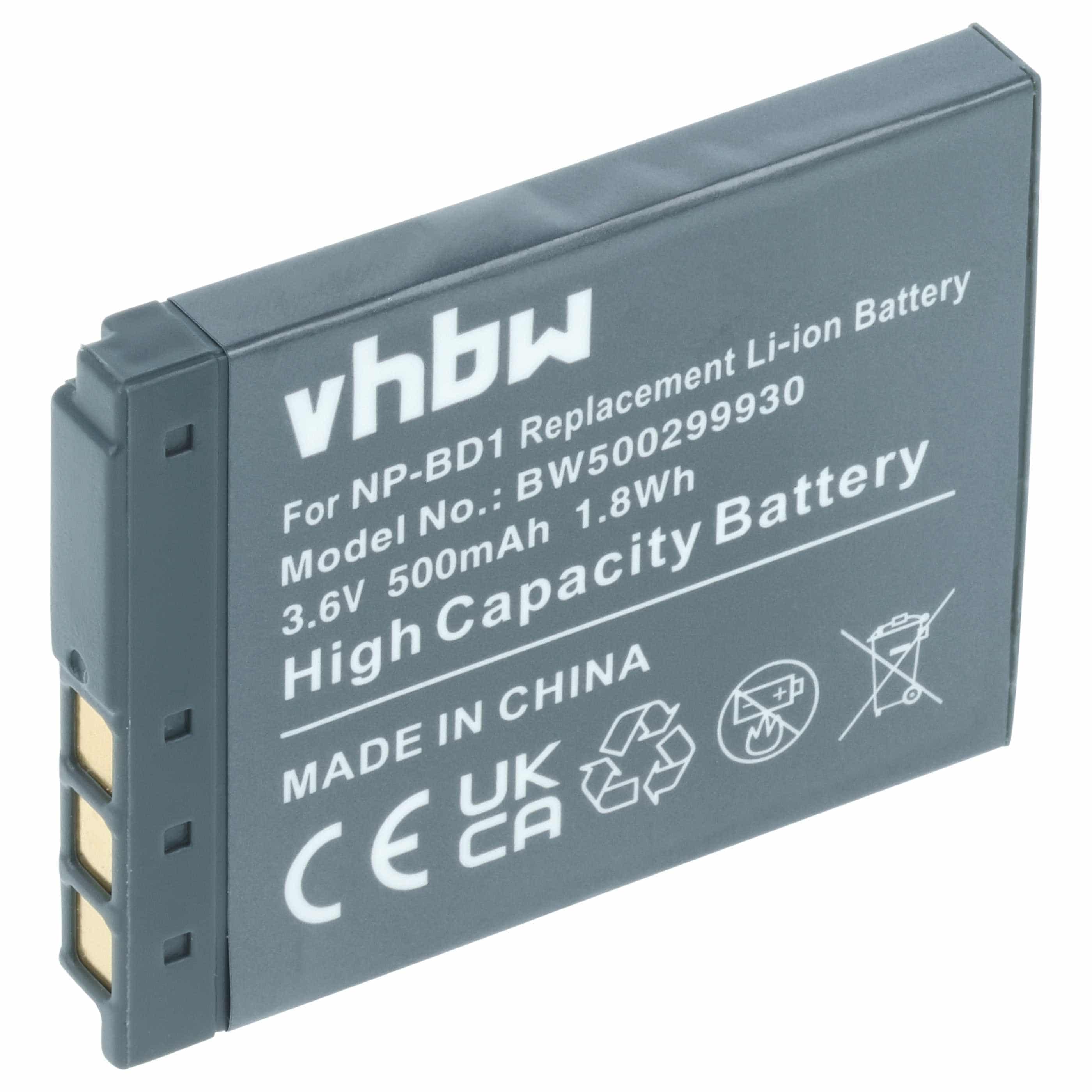 Battery replaces Sony NP-BD1, NP-FD1 - 500mAh, 3.6V, Li-Ion
