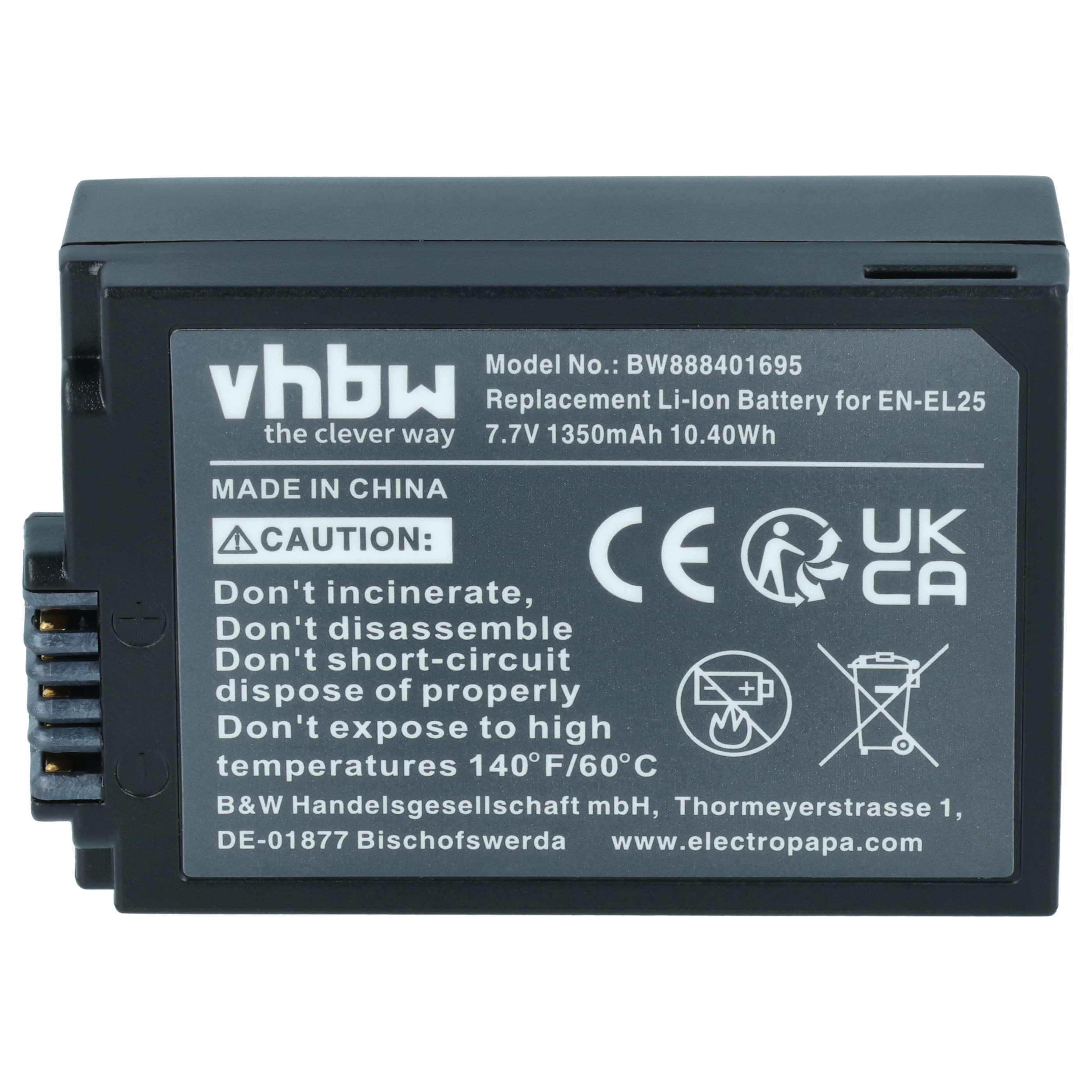 Batteria sostituisce Nikon EN-EL25a, EN-EL25, VFB12502 per fotocamera - 1350mAh 7,6V Li-Ion