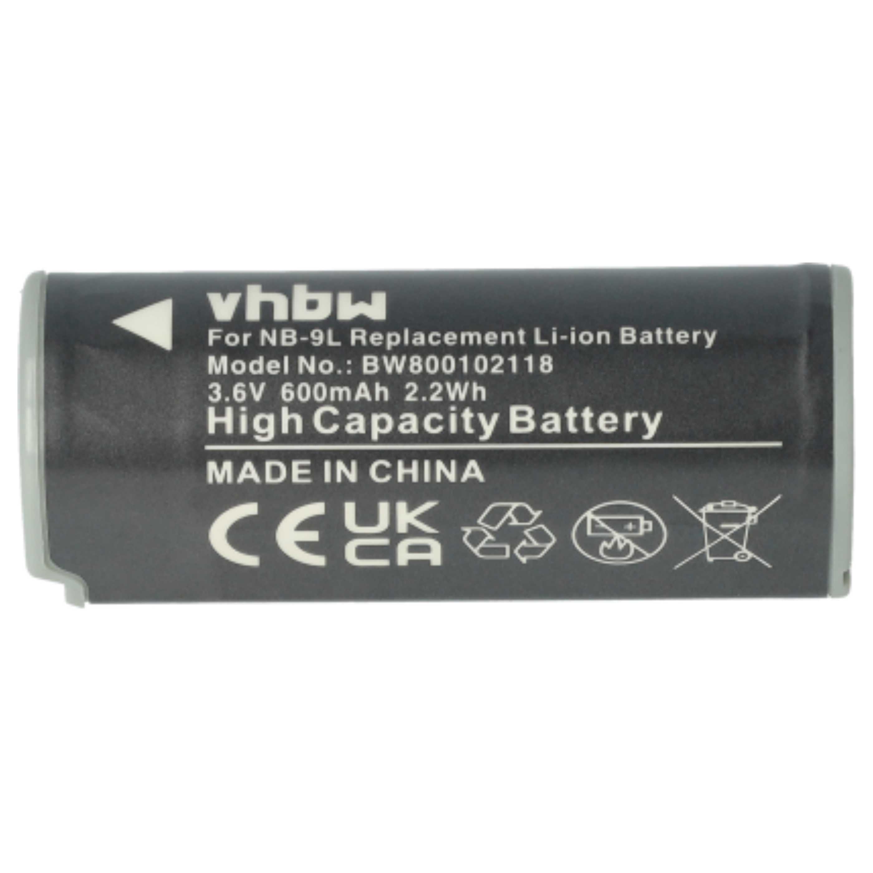 2x Battery replaces Canon NB-9L - 600mAh, 3.6V, Li-Ion