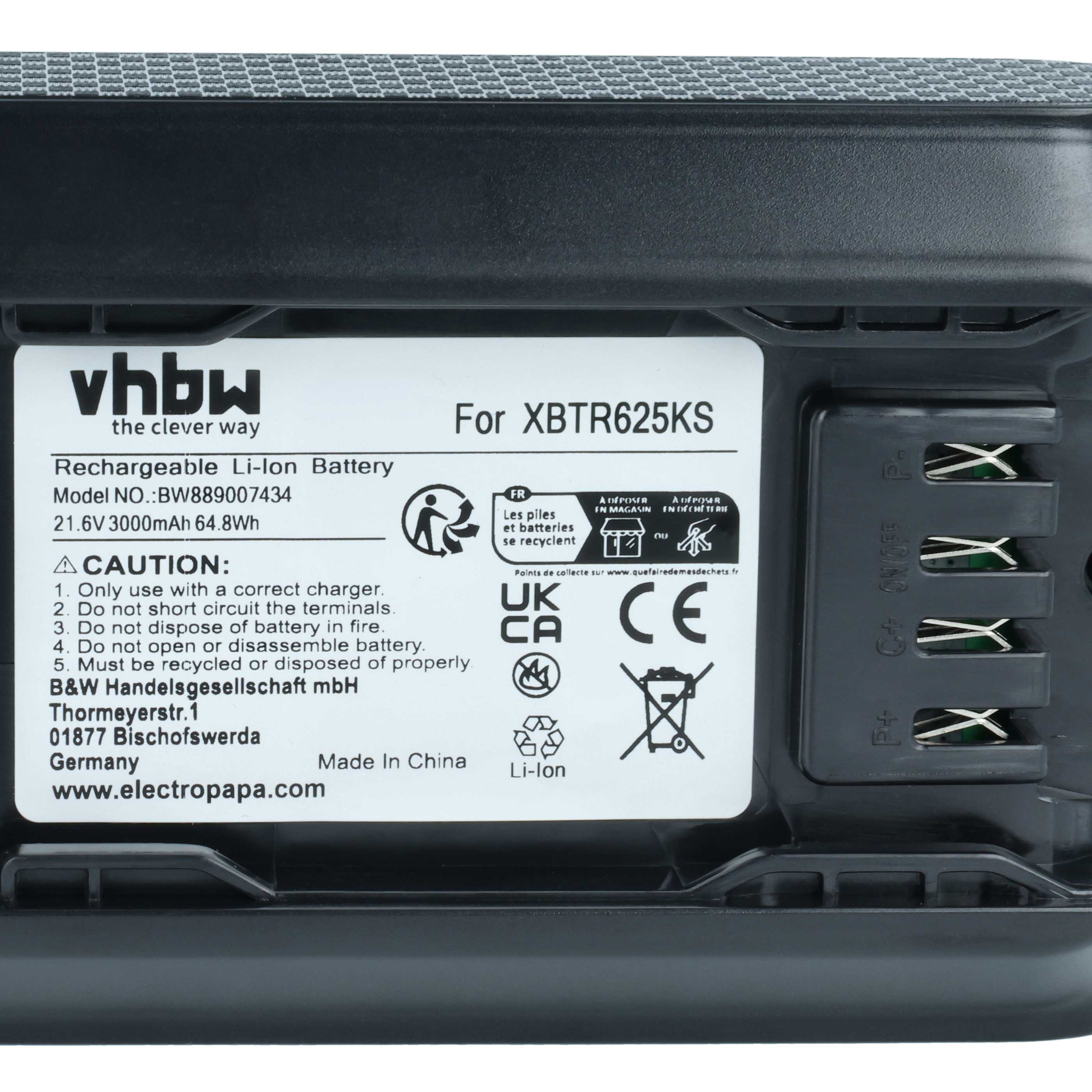 Battery replaces Shark XBTR625KSLN, XBTR625KSLEU, XBTR625KDC, XBTR625 for Shark 3000mAh, 21.6V, Li-Ion