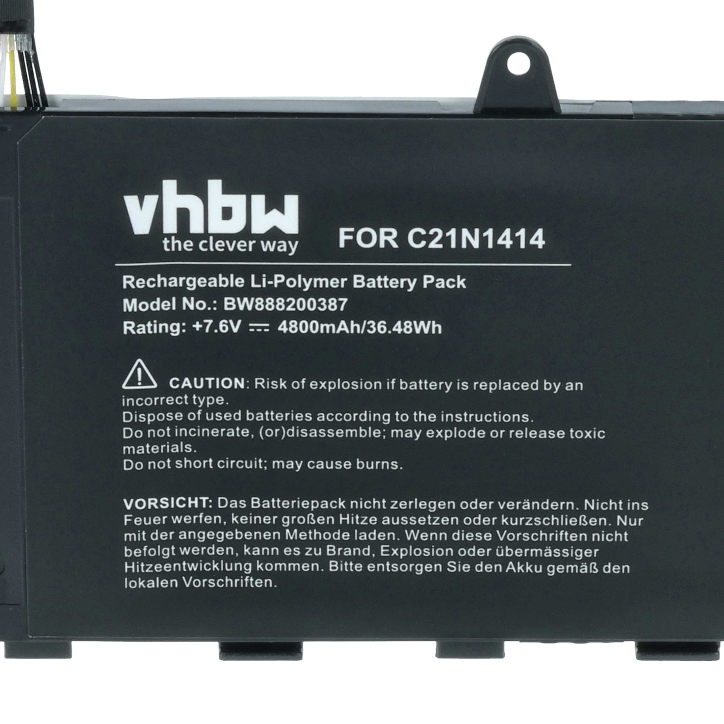 Akumulator do laptopa zamiennik Asus C21N1414, 0B200-0124000 - 4800 mAh 7,6 V LiPo, czarny