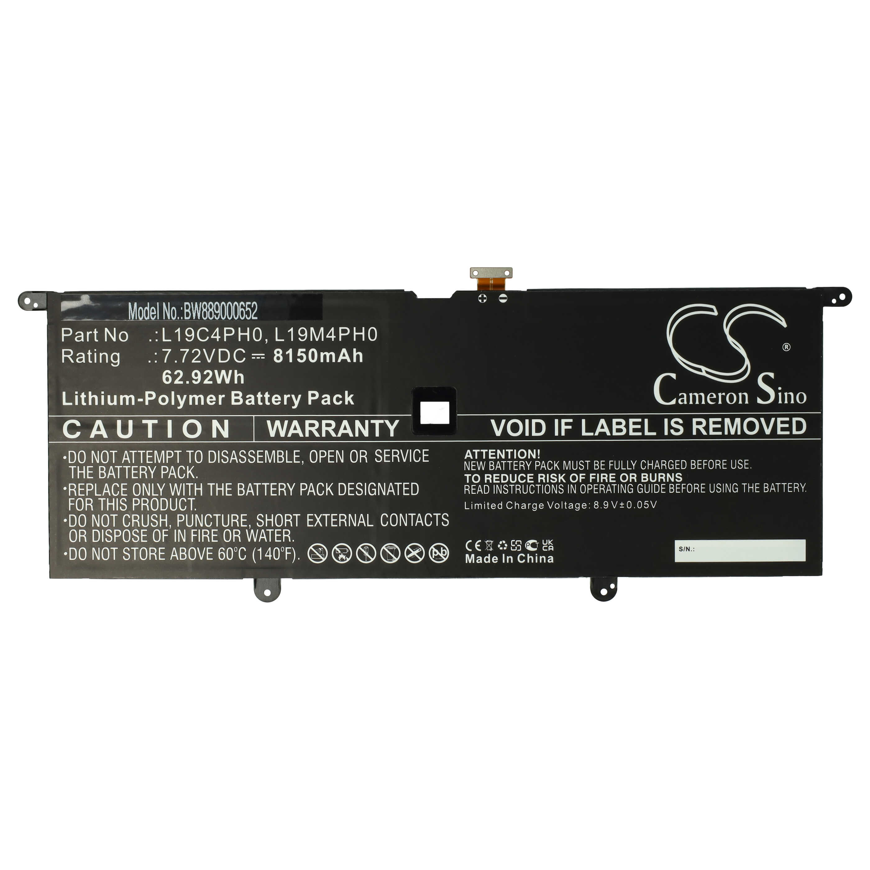 Notebook Battery Replacement for Lenovo L19C4PH0, L19M4PH0, SB10Y75087 - 8150mAh 7.72V Li-polymer
