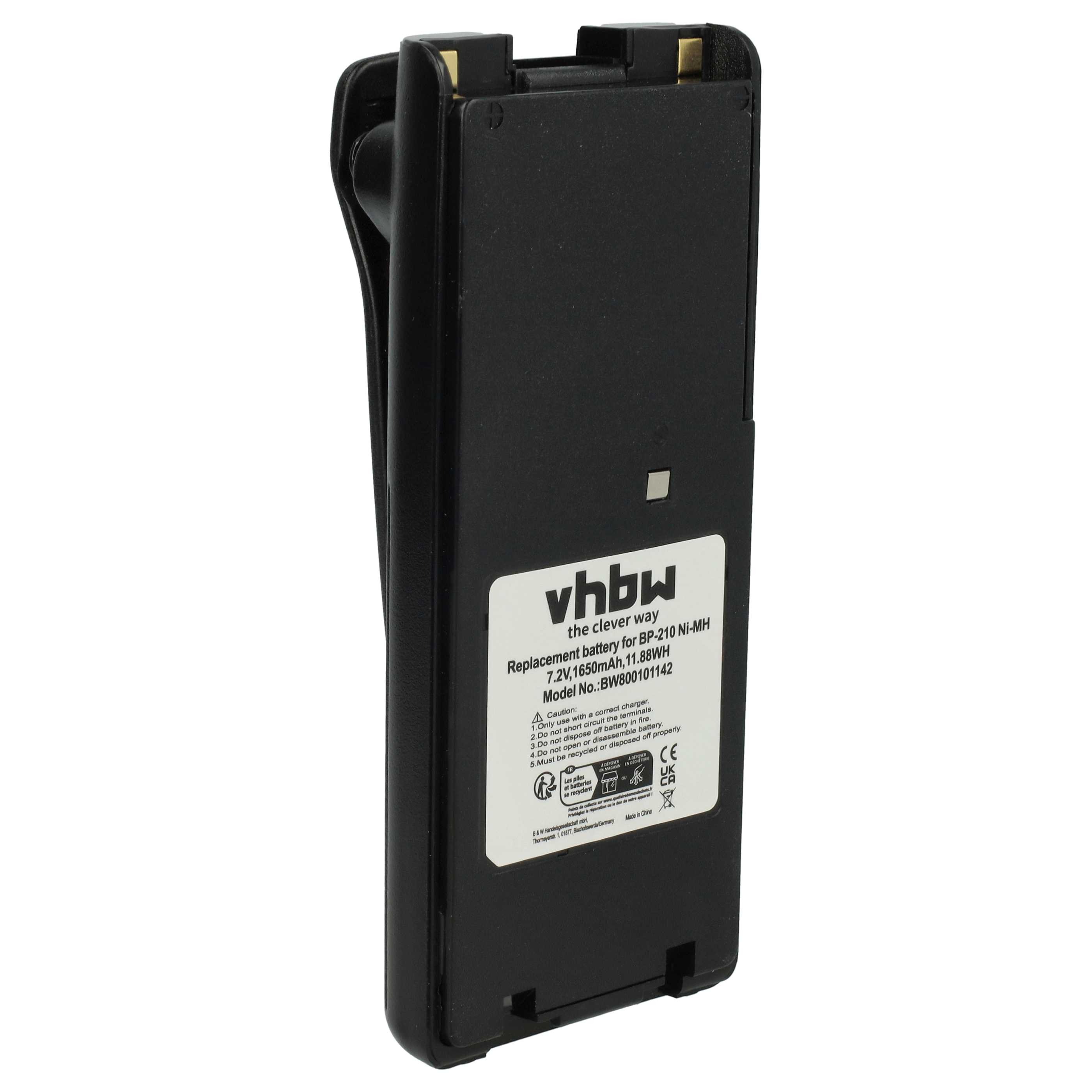 Radio Battery replaces Icom BP-210N, BP-211, BP-210, BP-209N, BP-209 - 1650 mAh 7.2 V NiMH + Belt Clip