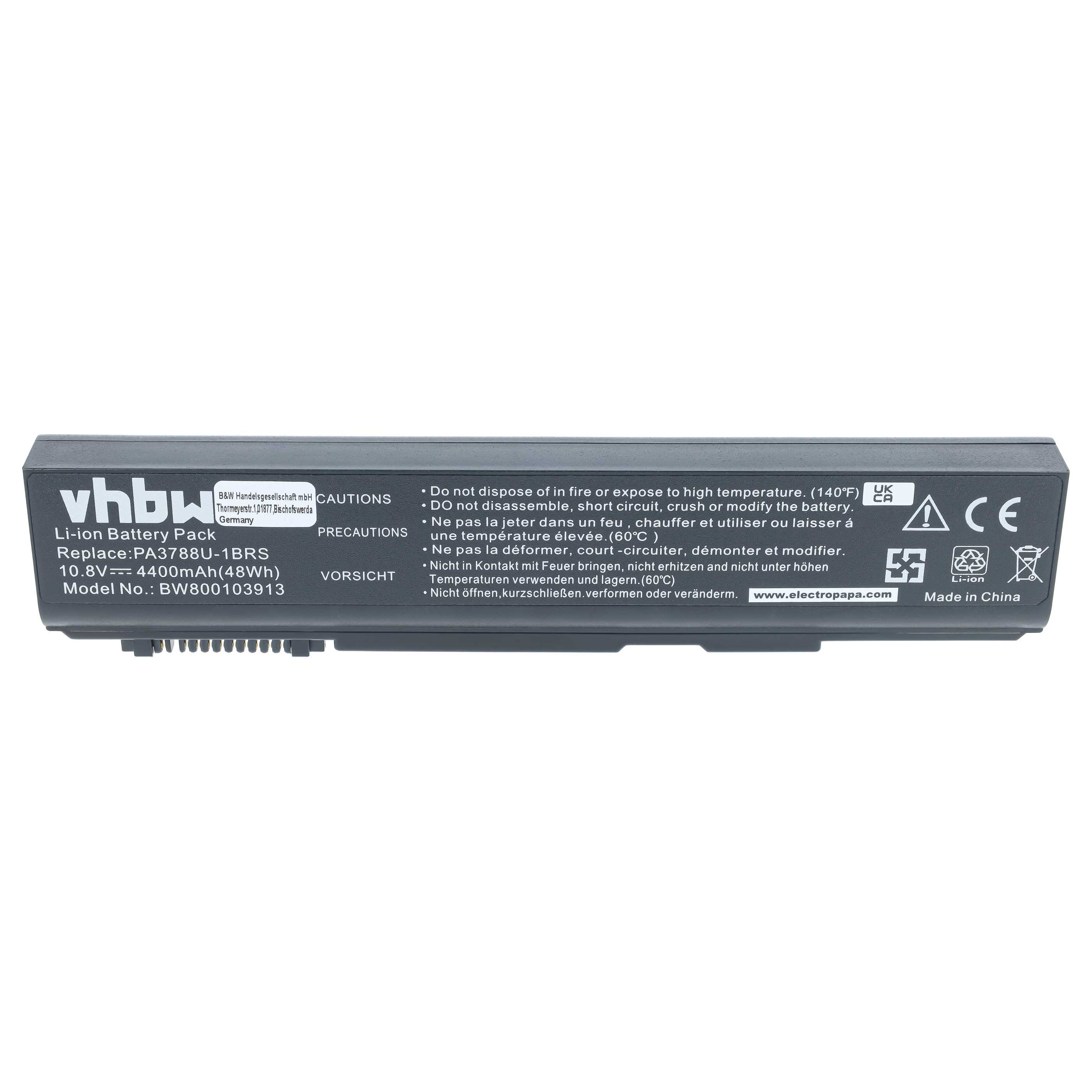 Batería recargable reemplaza Toshiba PA3788, PA3788U-1BRS para notebook - 4400 mAh 10,8 V Li-Ion negro
