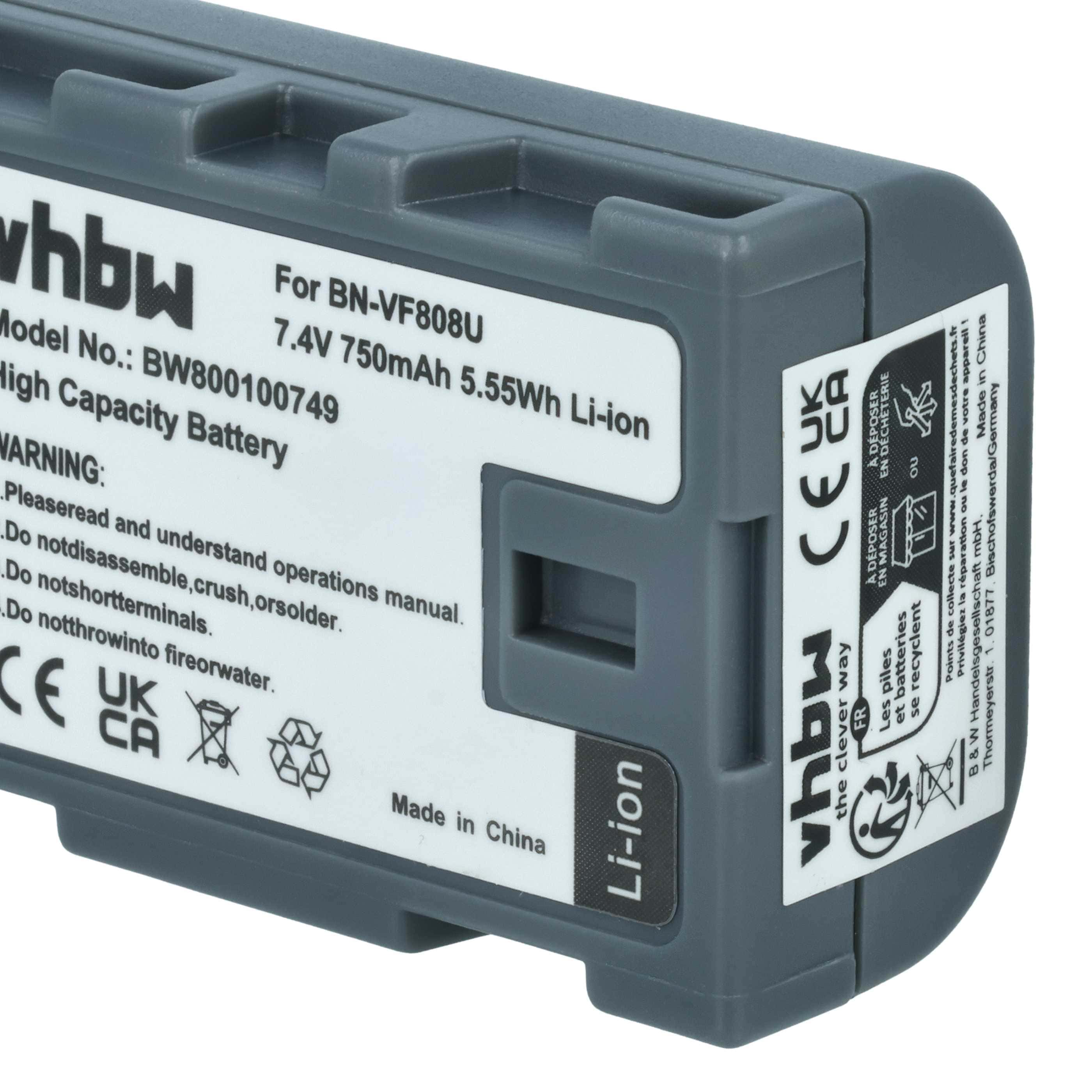 Videocamera Battery replaces JVC BN-VF823, BN-VF808, BN-VF815, BN-VF808U, BN-VF815U - 750 mAh 7.4 V Li-Ion