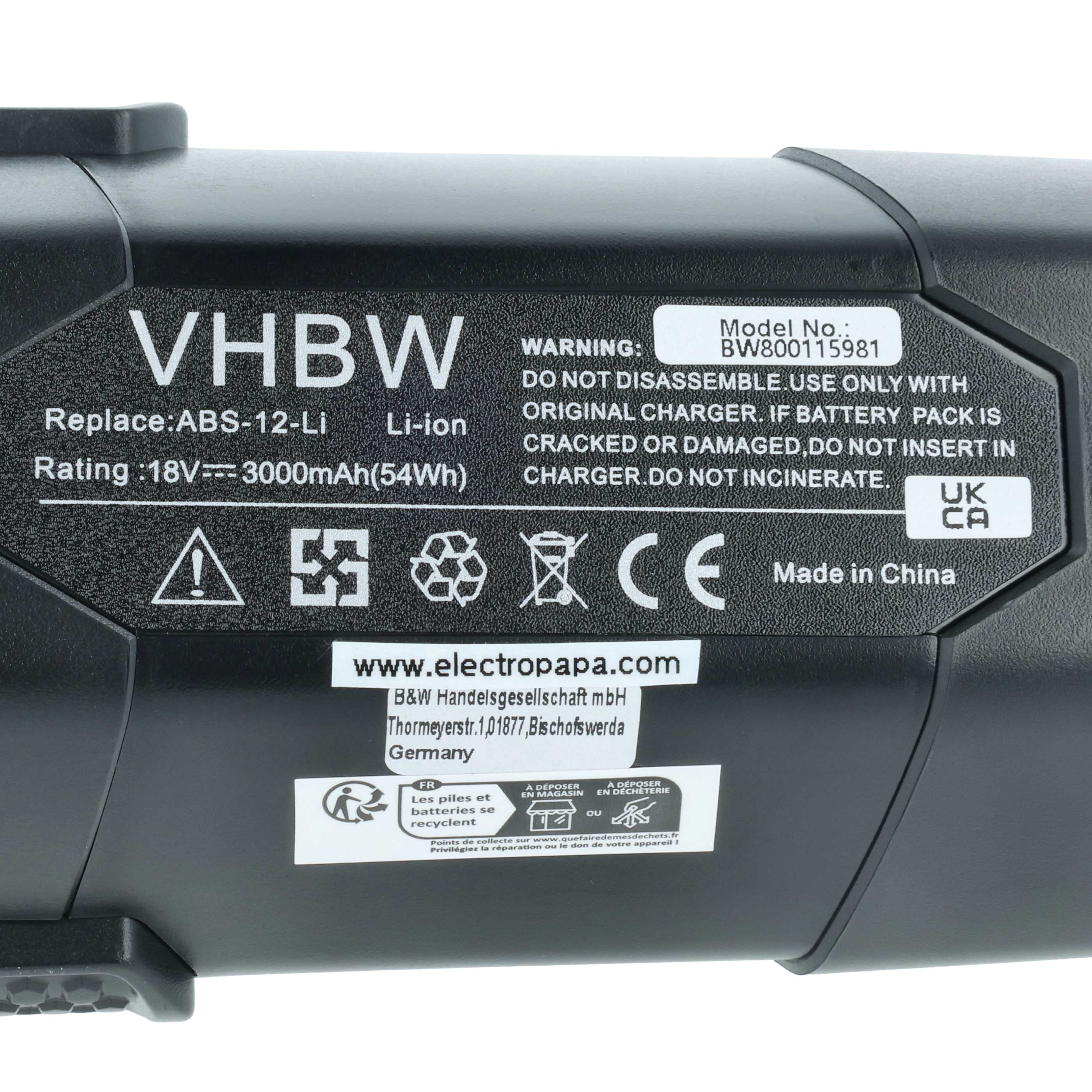 Battery replaces Lux A-KS-18Li/25 Electric Power Tool - 3000 mAh, 18 V, Li-Ion