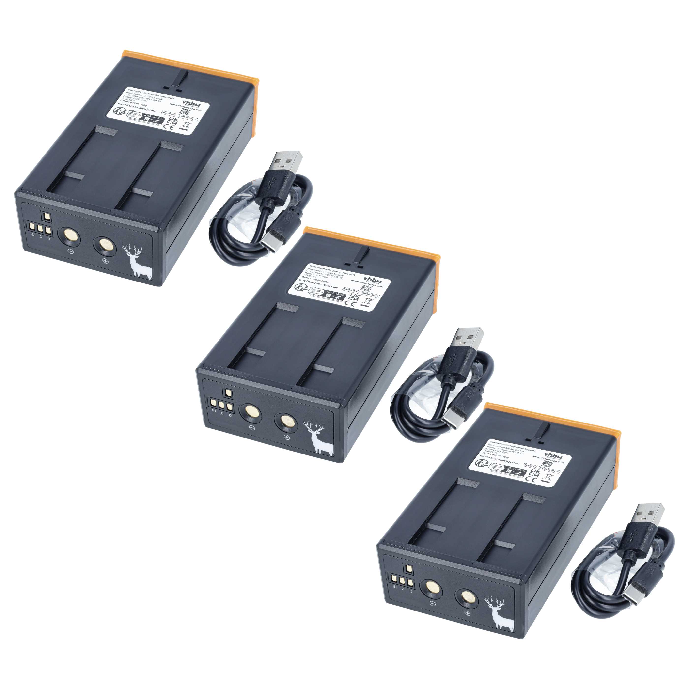 Wildlife Camera 3x Battery replaces Moultrie MMA-EM8 - 5000mAh 11.1V Li-Ion + Kabel, with USB C Socket