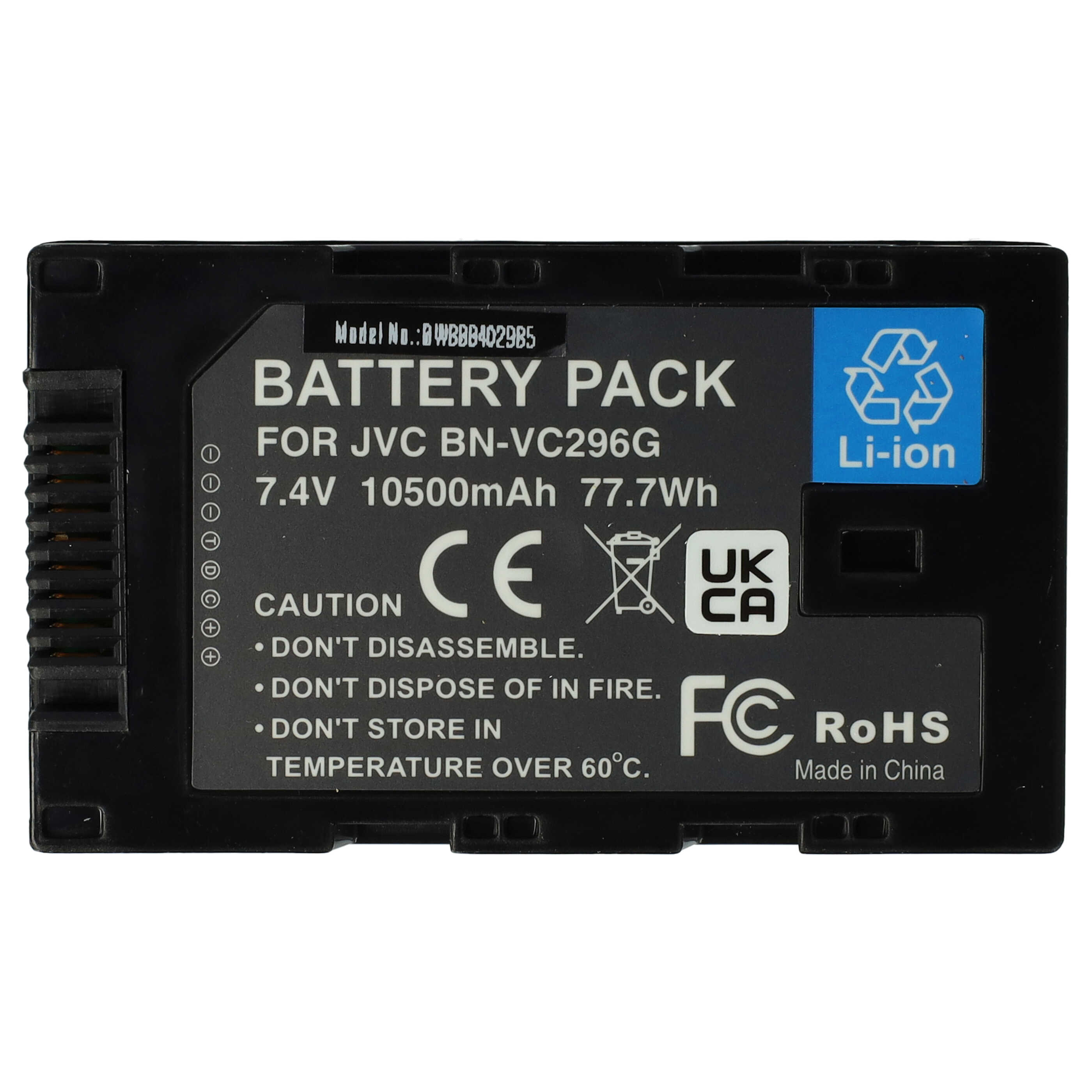 Batería reemplaza JVC BN-VC298G, BN-VC296G, BN-VC264G para videocámara - 10500 mAh, 7,4 V