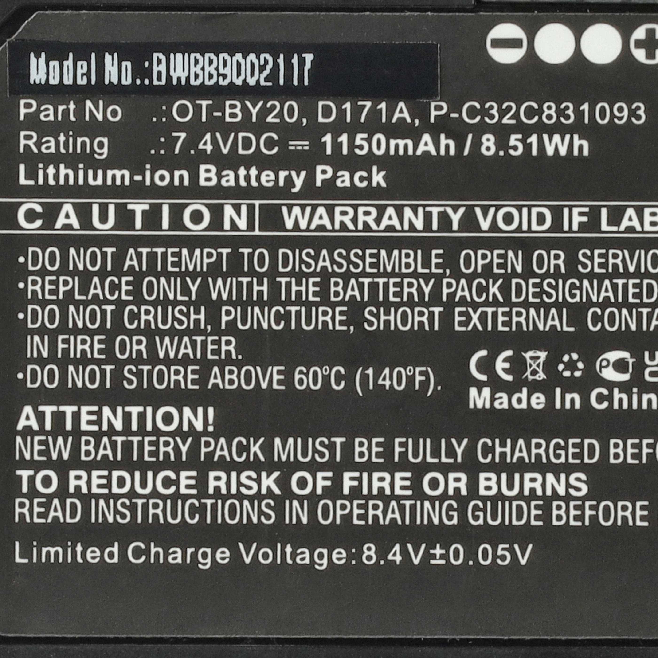 Printer 5x Battery replaces Epson OT-BY20, D171A, 2165069, P-C32C831093 - 1150 mAh 7.4 V Li-Ion