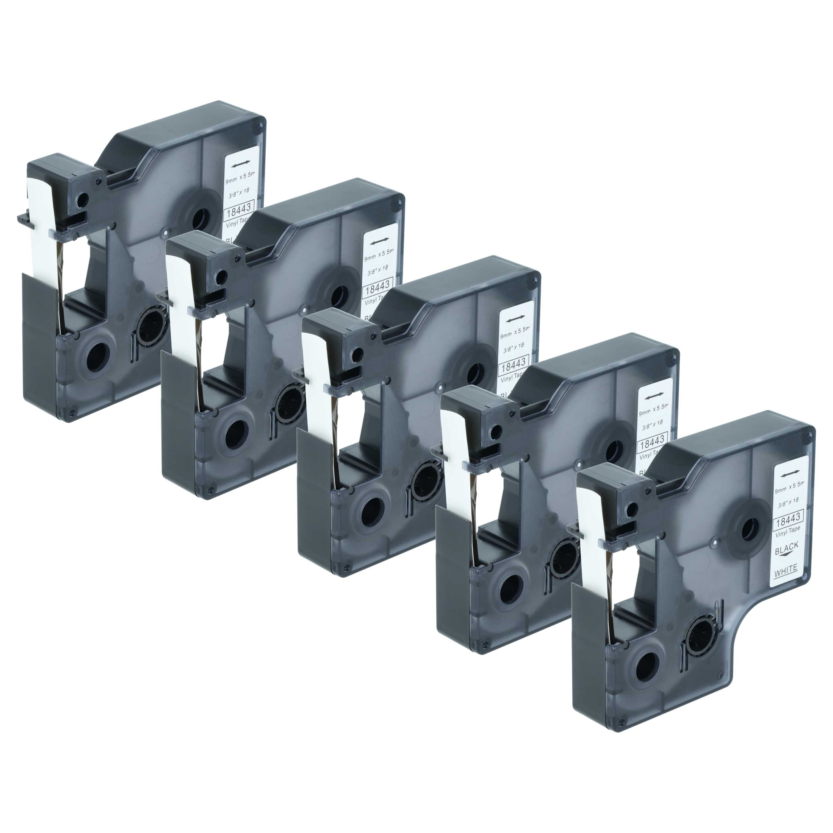5x Schriftband als Ersatz für Dymo 18443 u.a. 9mm Schwarz auf Weiß, Vinyl