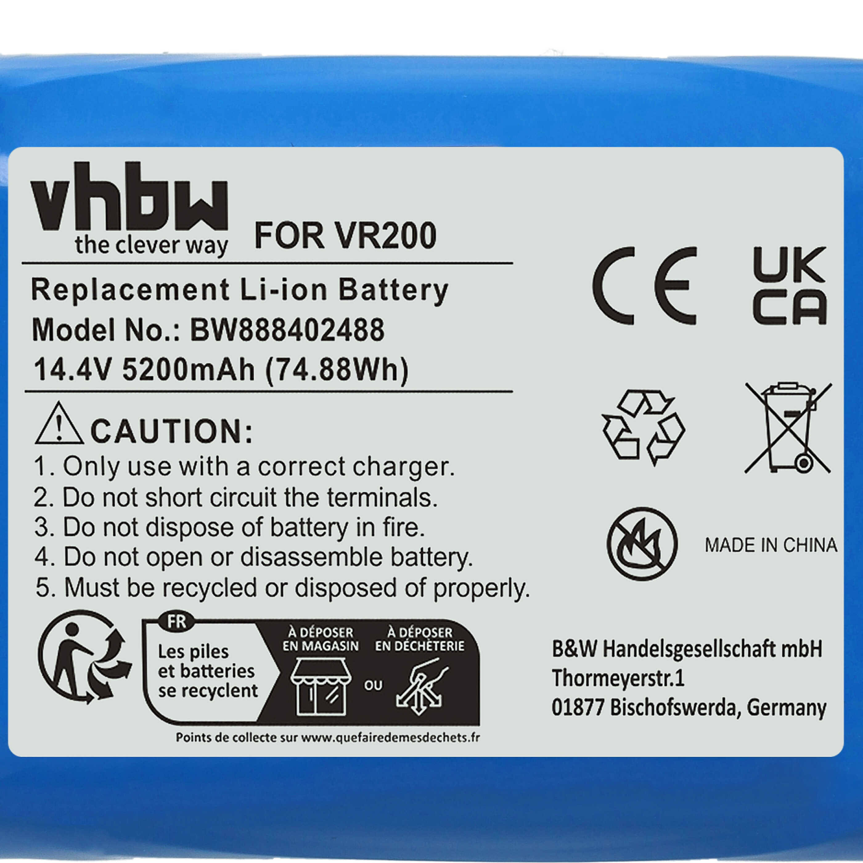 Batteria sostituisce Vorwerk 20884-1, 4NCR18650P2-C001A per robot aspiratore Vorwerk - 5200mAh 14,4V Li-Ion