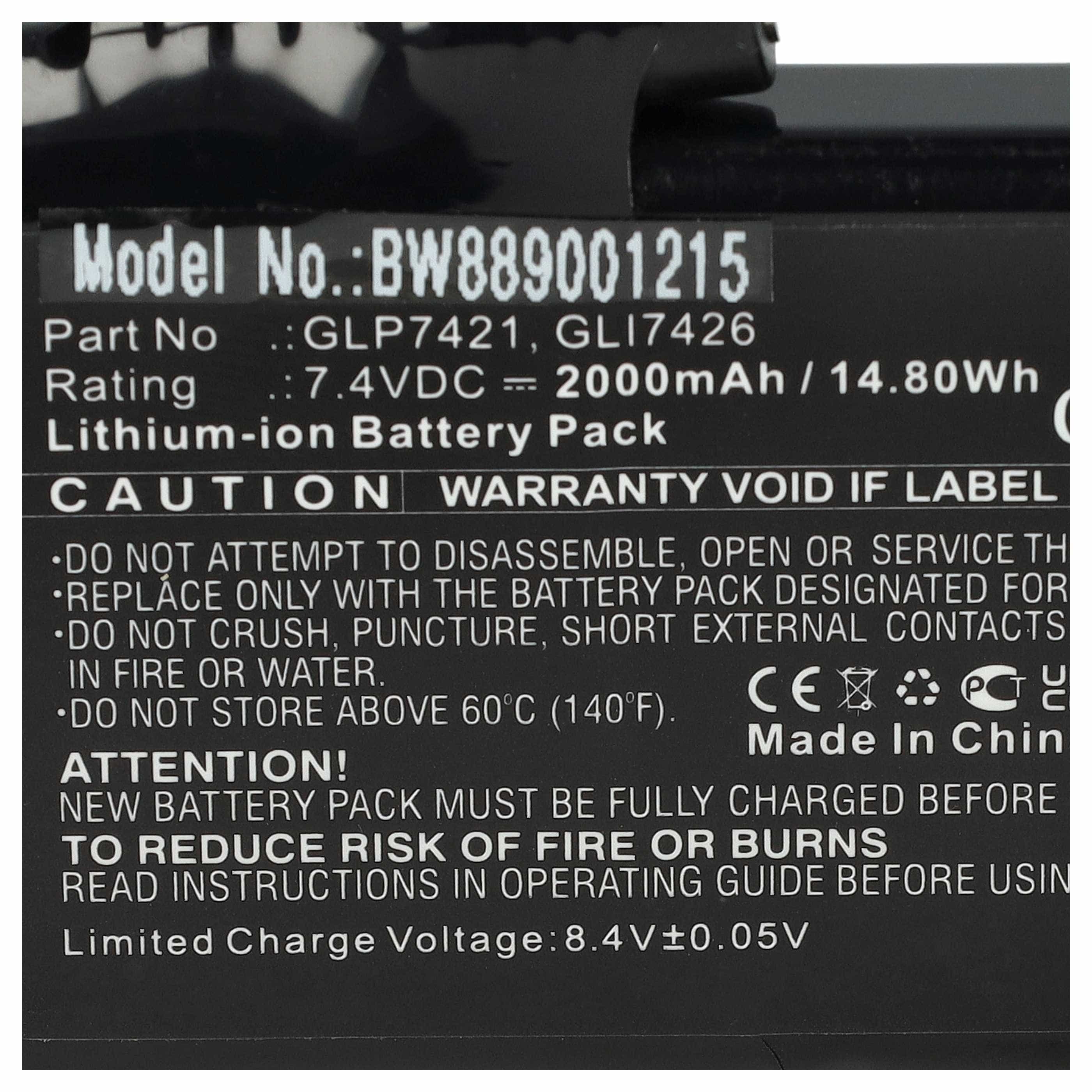 2x Akumulator do podgrzewanych rękawic motocyklowych zamiennik Glovii GLP7421, GLI7426 - 2000 mAh 7,4 V Li-Ion