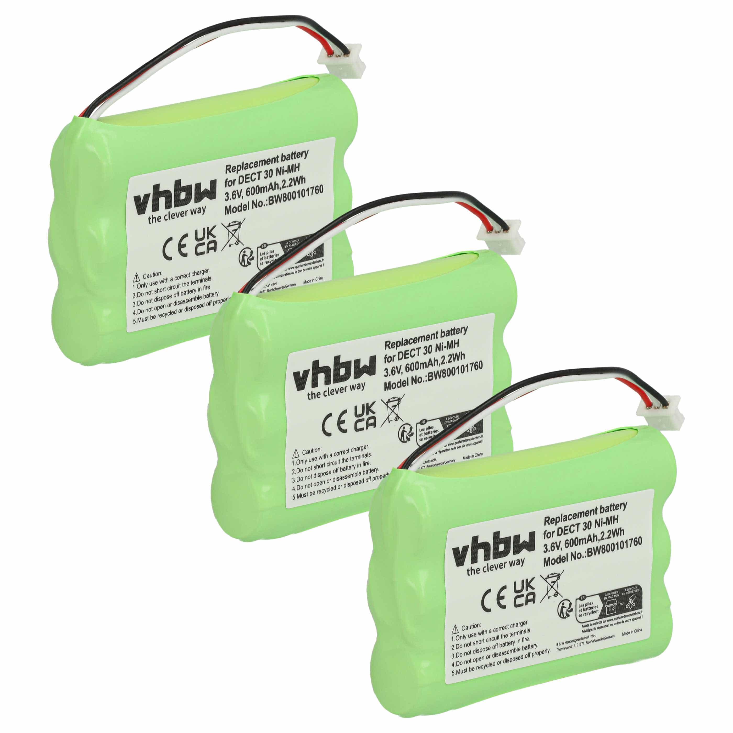 3x Batteries remplace Agfeo 23NO09TT30, 84743411, AH-AAA600F pour téléphone Agfeo - 600mAh 3,6V NiMH