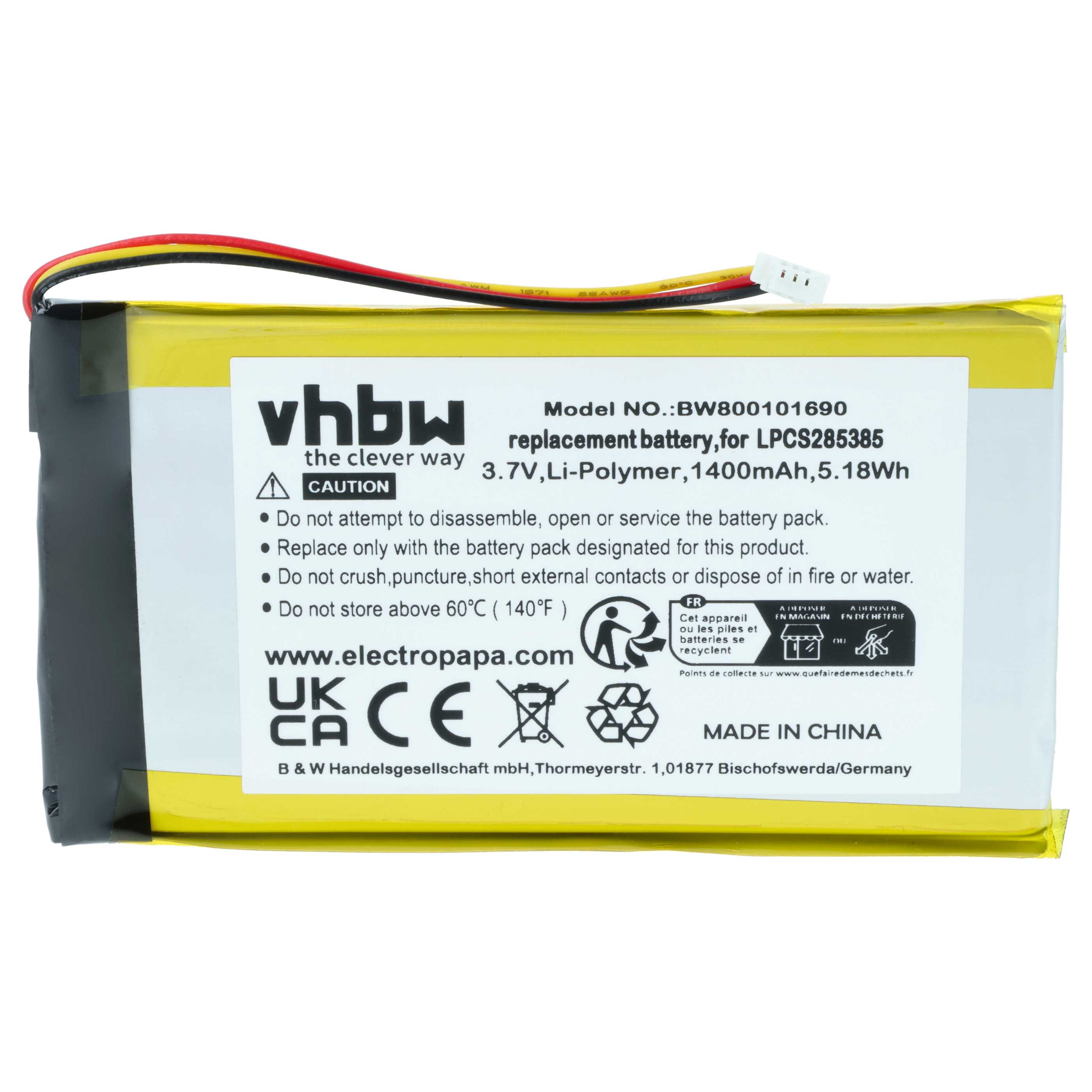 MP3-Player Battery replaces Creative Labs LPCS285385, BA20603R79914, DVP-HD0003 - 1400 mAh 3.7 V Li-Ion