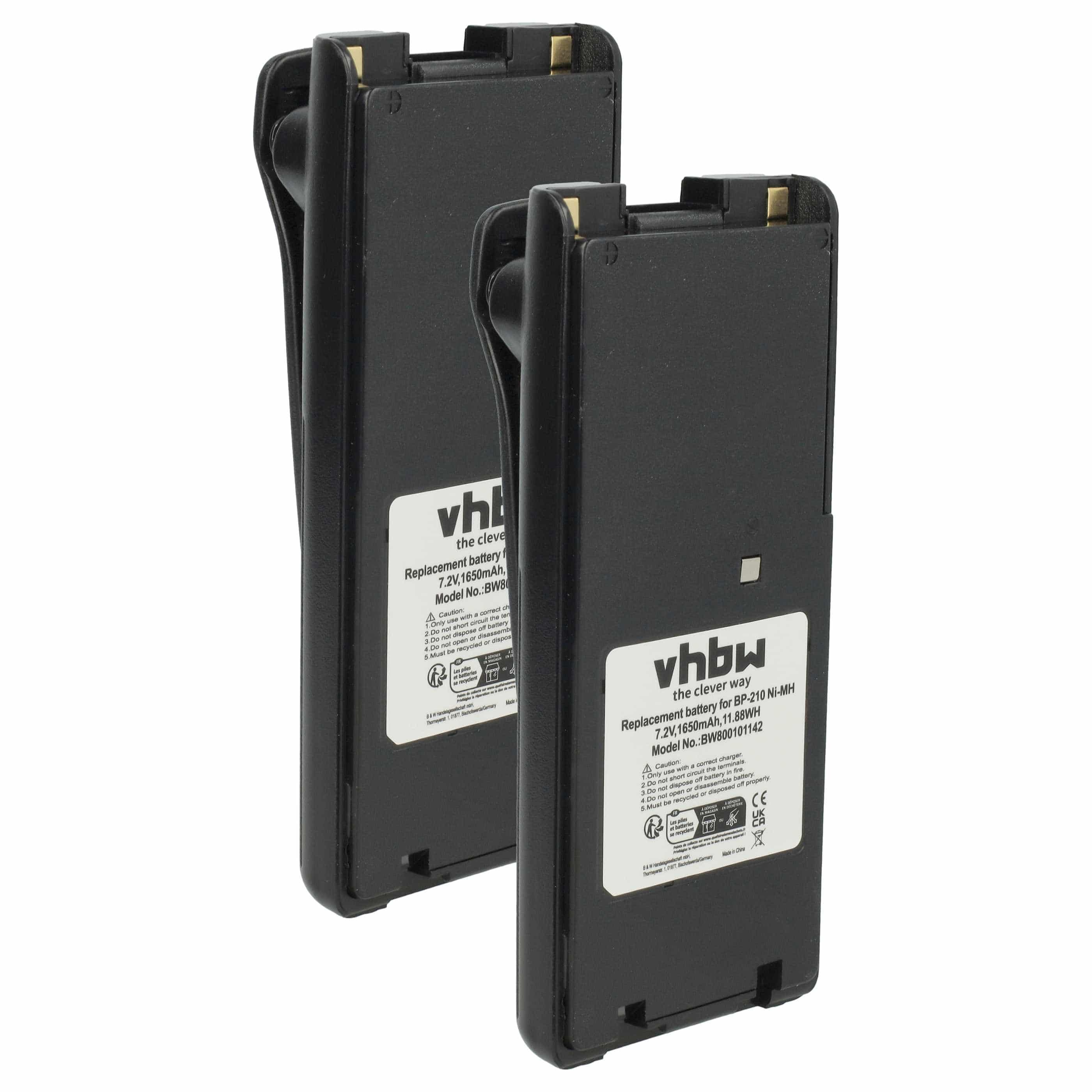 Radio 2x Battery replaces Icom BP-210N, BP-211, BP-210, BP-209N, BP-209 - 1650 mAh 7.2 V NiMH + Belt Clip