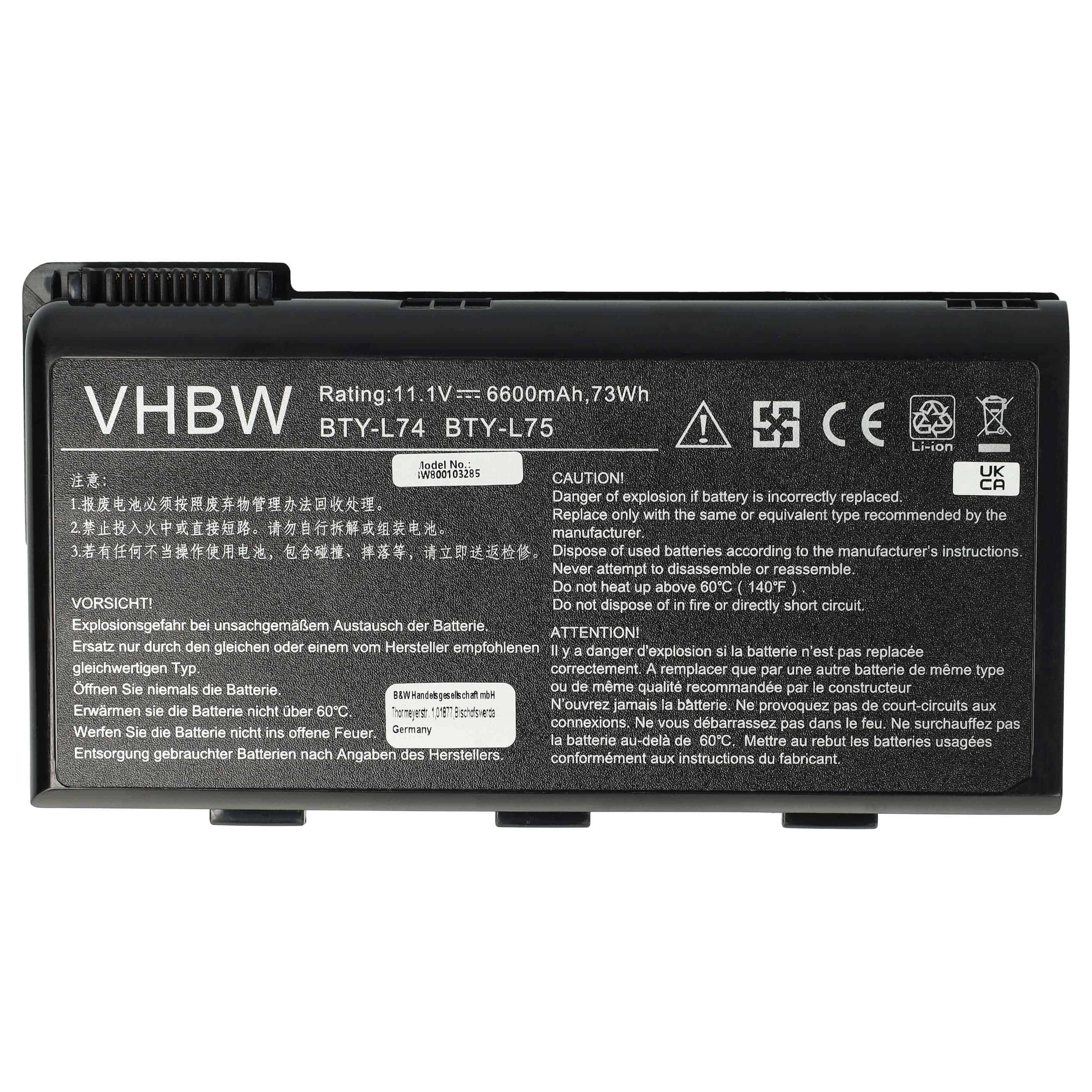 Batterie remplace MSI 91NMS17LD4SU1, 91NMS17LF6SU1 pour ordinateur portable - 6600mAh 11,1V Li-ion, noir