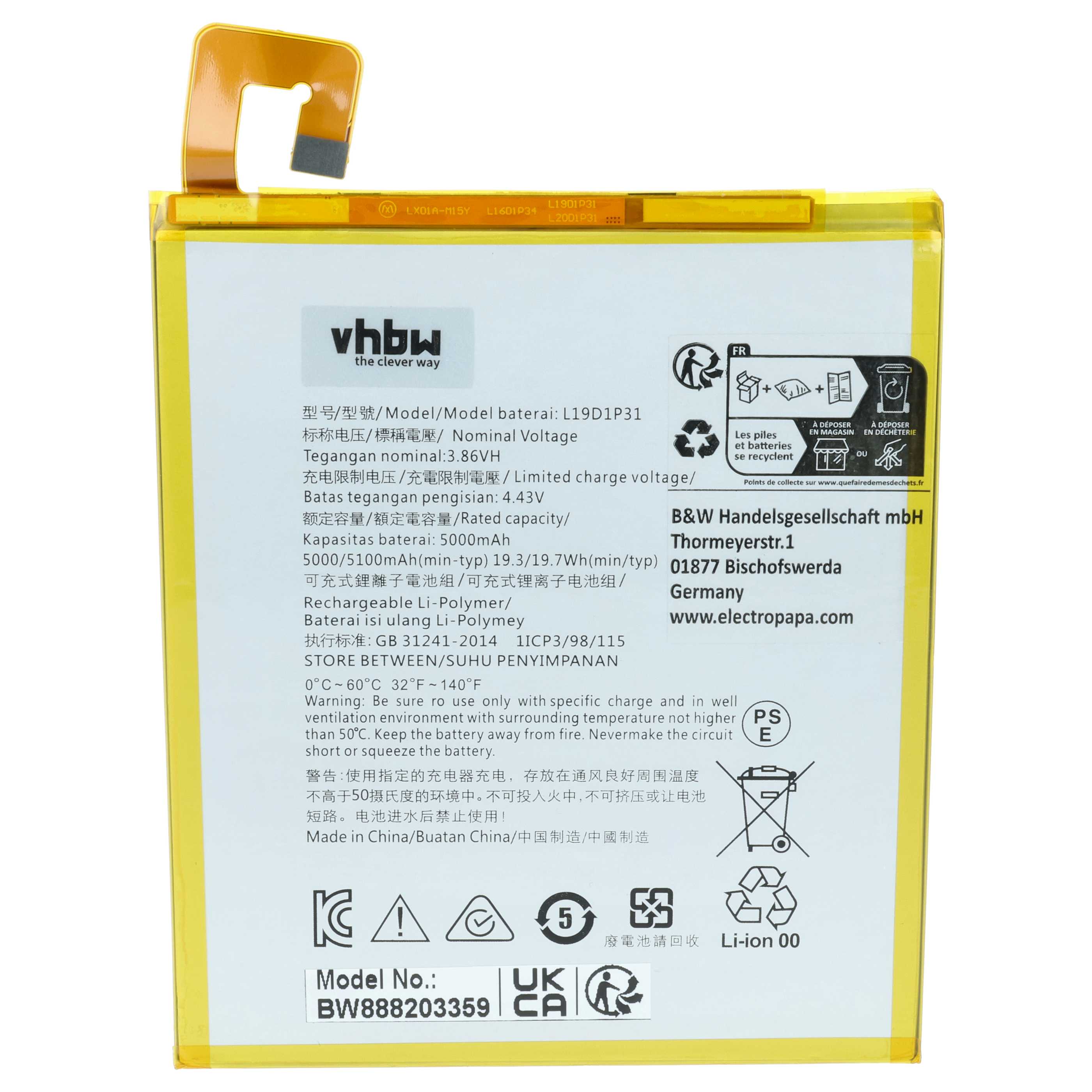 Batteria per tablet sostituisce Lenovo L19D1P31 - 5000mAh 3,86V Li-Poly
