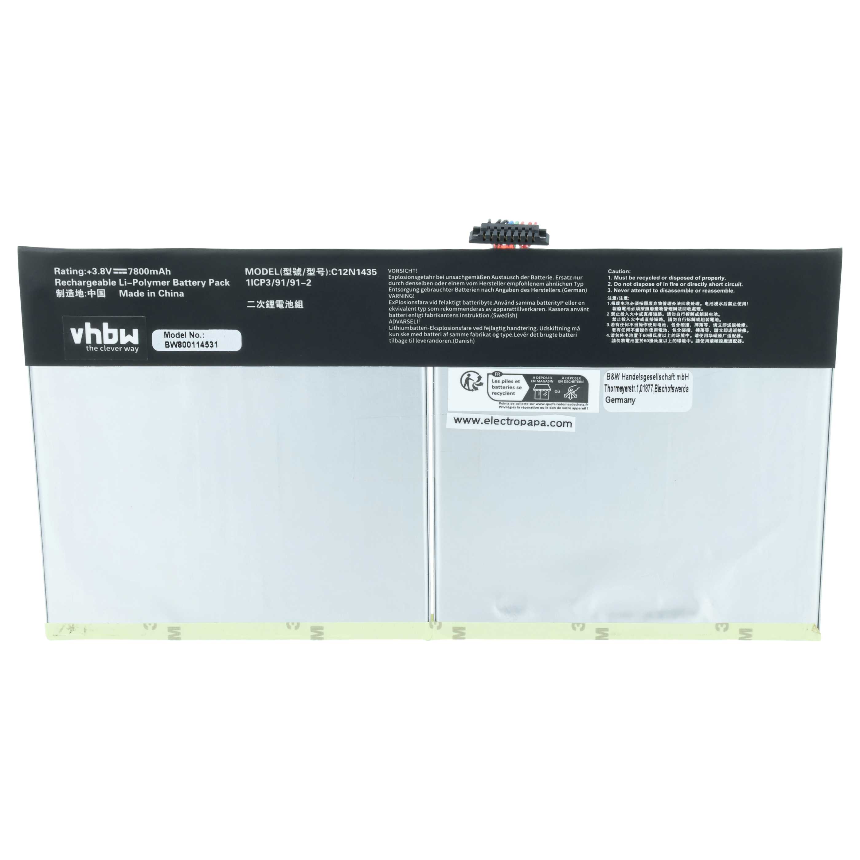 Batteria per tablet sostituisce Asus C12-N1435, C12N1435 - 7800mAh 3,8V Li-Poly