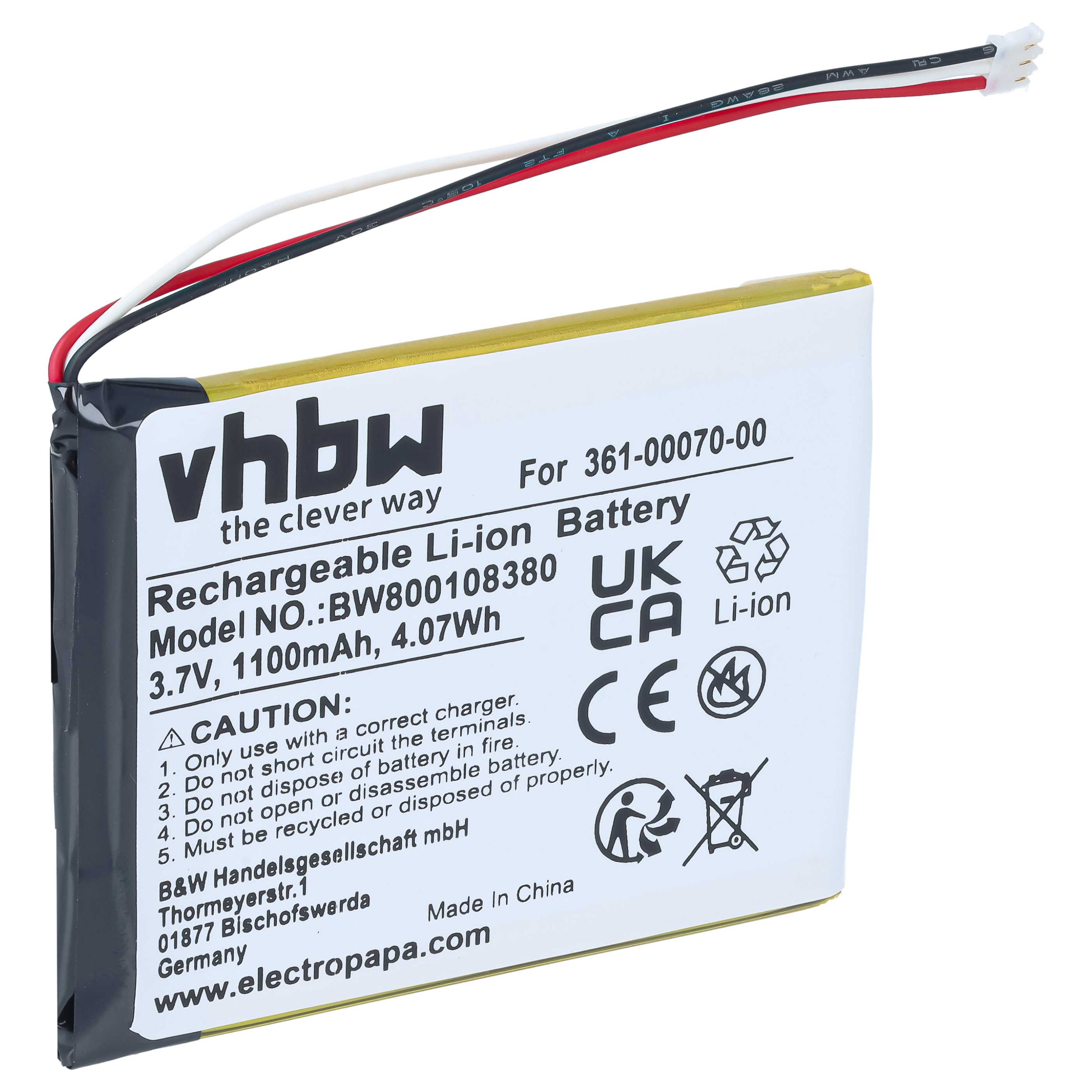 GPS Navigation-Akku als Ersatz für Garmin 361-00070-01, 361-00070-00 - 1100mAh 3,7V Li-Ion