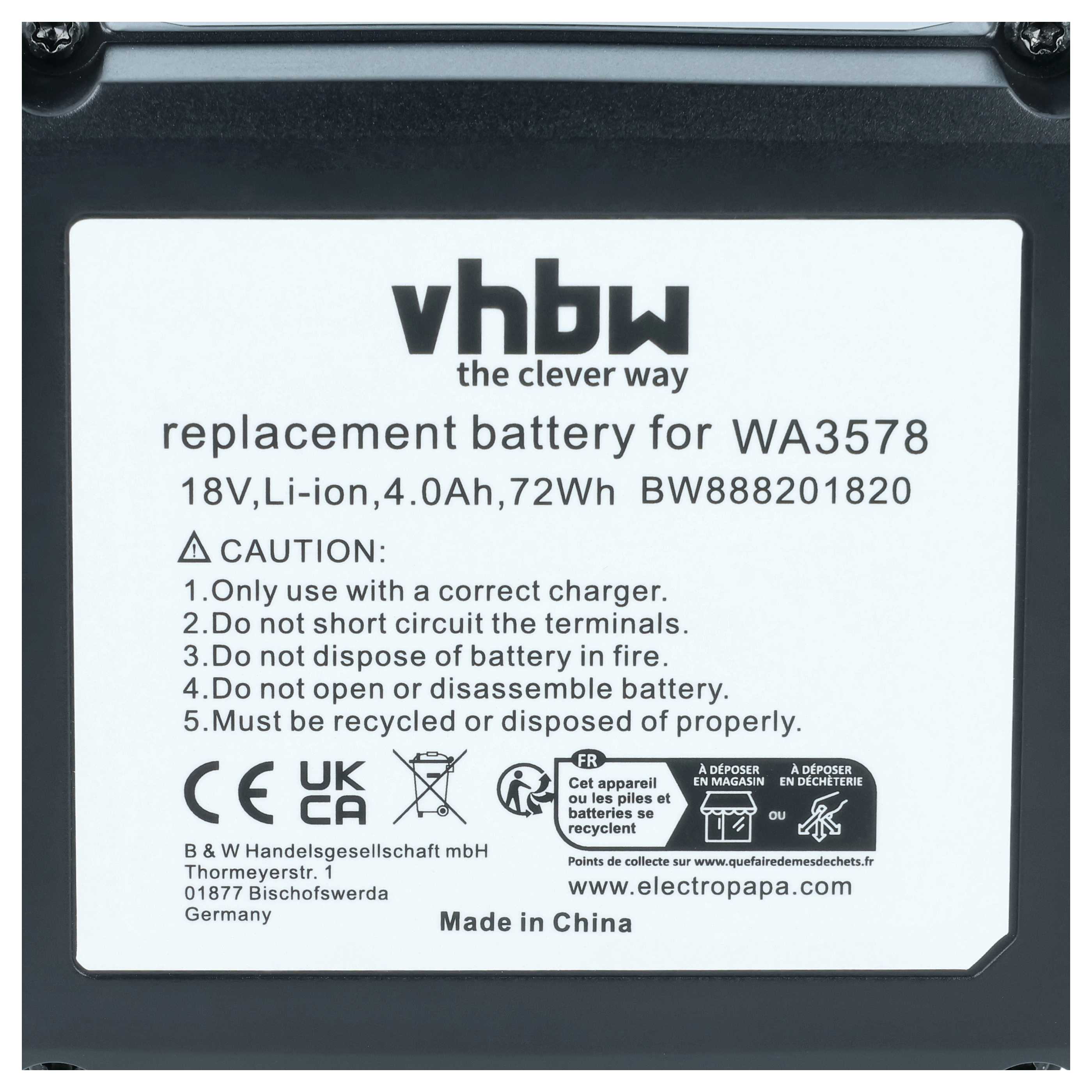 Battery replaces Rockwell RW9351.1 for Electric Power Tool - 4000 mAh, 18 V, Li-Ion