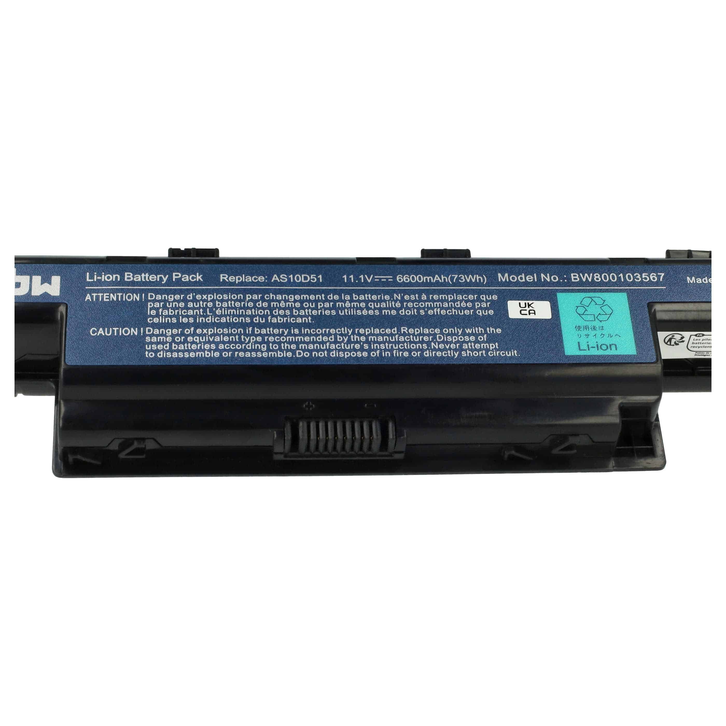 Notebook-Akku als Ersatz für Acer AS10D31, AS10D3E, 31CR19/652, 934T2078F - 6600mAh 11,1V Li-Ion, schwarz