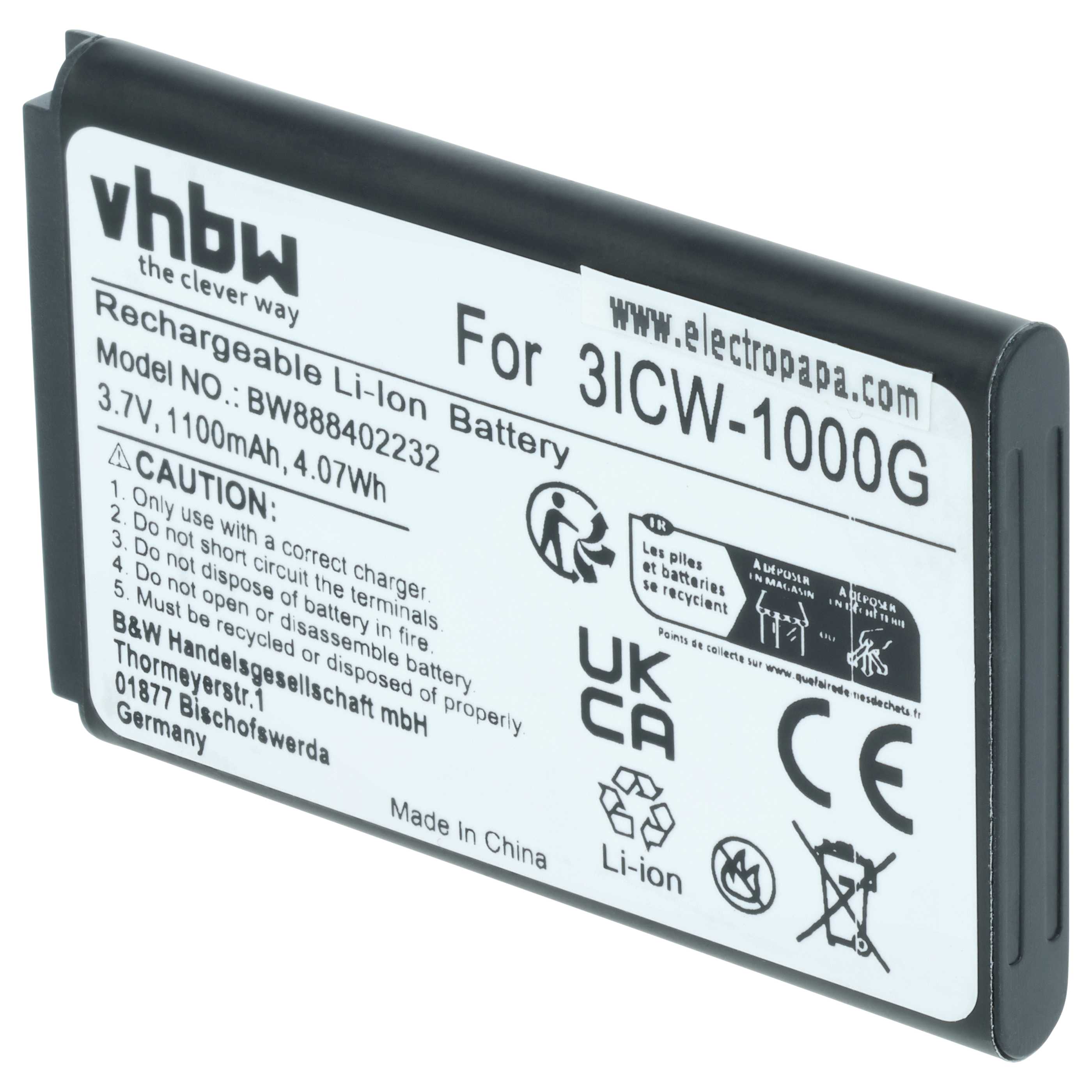 Batterie remplace UniData / Incom 3ICW-1000G pour téléphone SIP UniData / Incom - 1100mAh 3,7V Li-ion