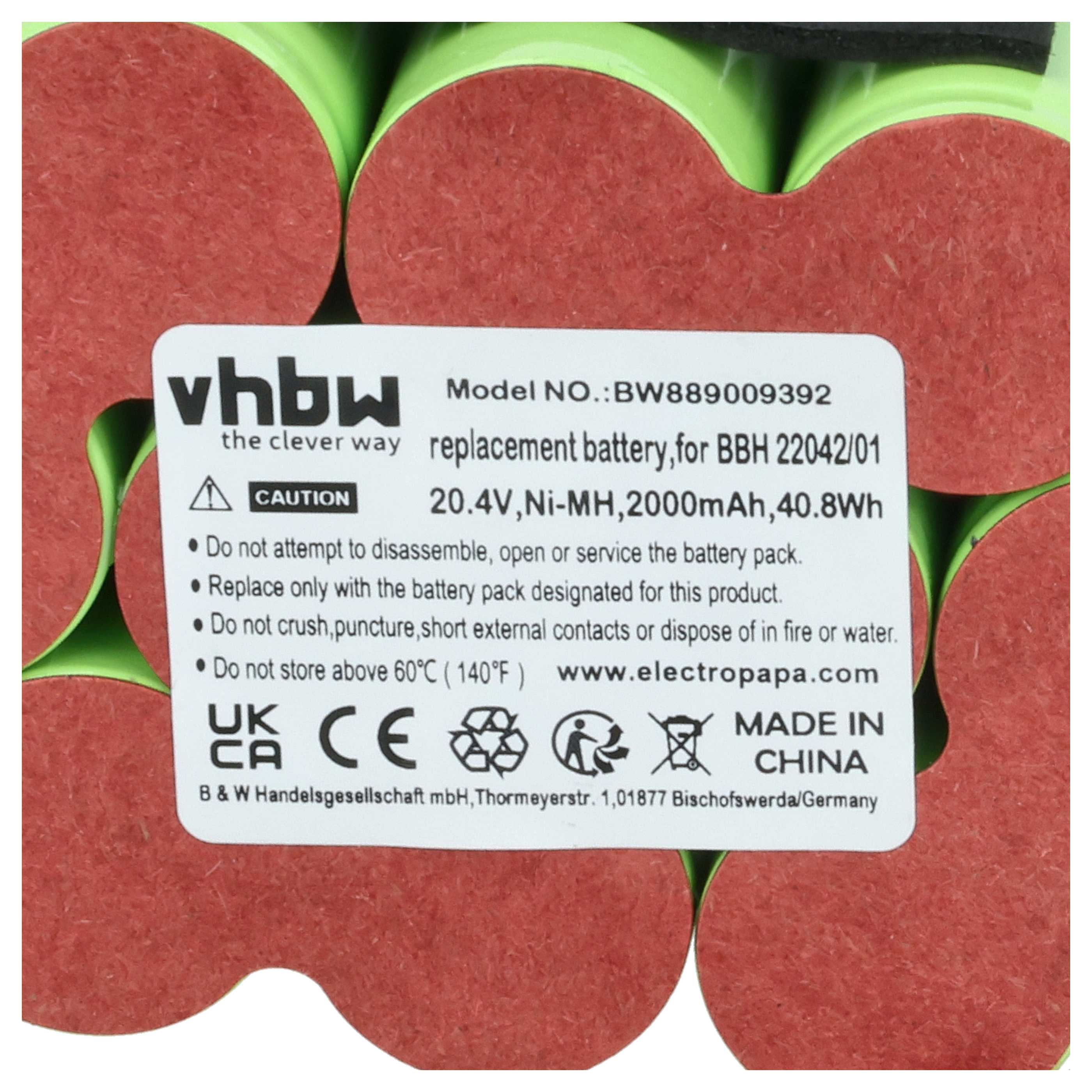Akku für Staubsauger wie Bosch BBBH 22042, BBH 22042/01, ersetzt 11008882, Ni-MH, 20.4 V, 2000 mAh