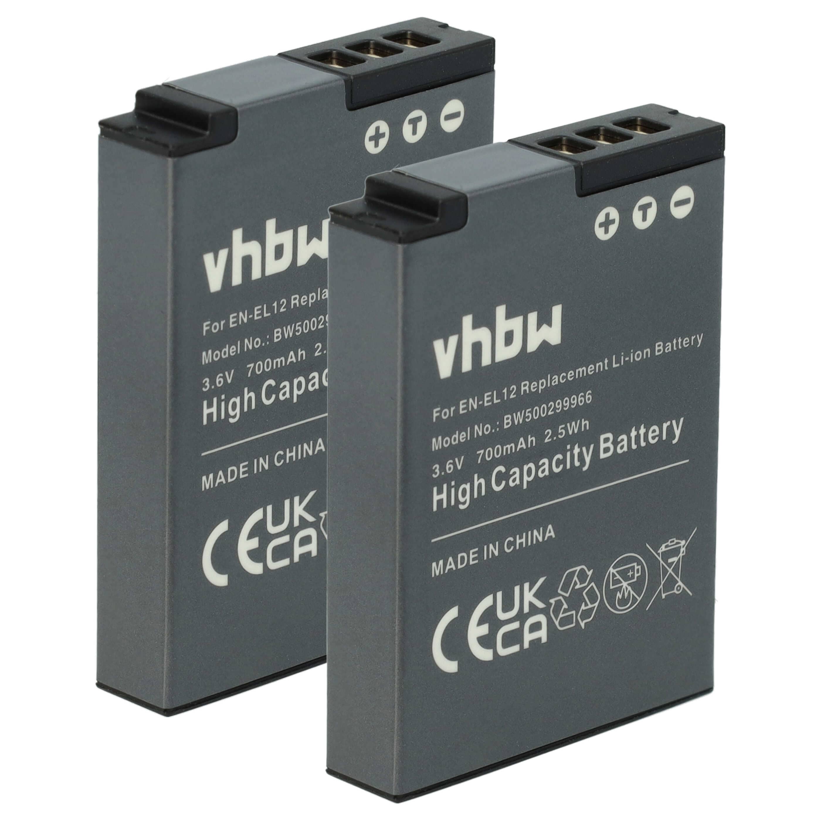 2x Battery replaces Nikon EN-EL12 - 700mAh, 3.6V, Li-Ion