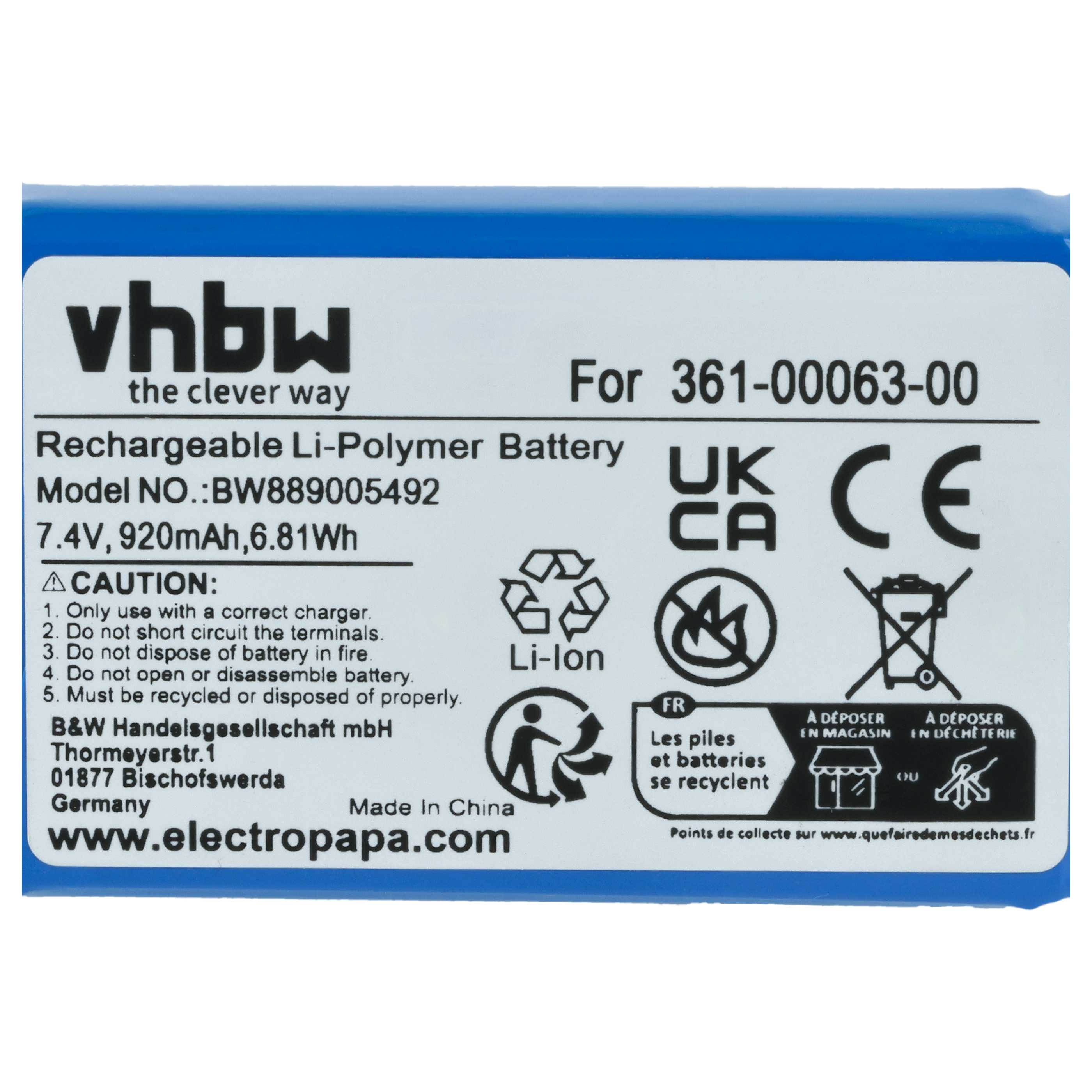GPS Navigation-Akku als Ersatz für Garmin 361-00063-00 - 920mAh 7,4V Li-Polymer