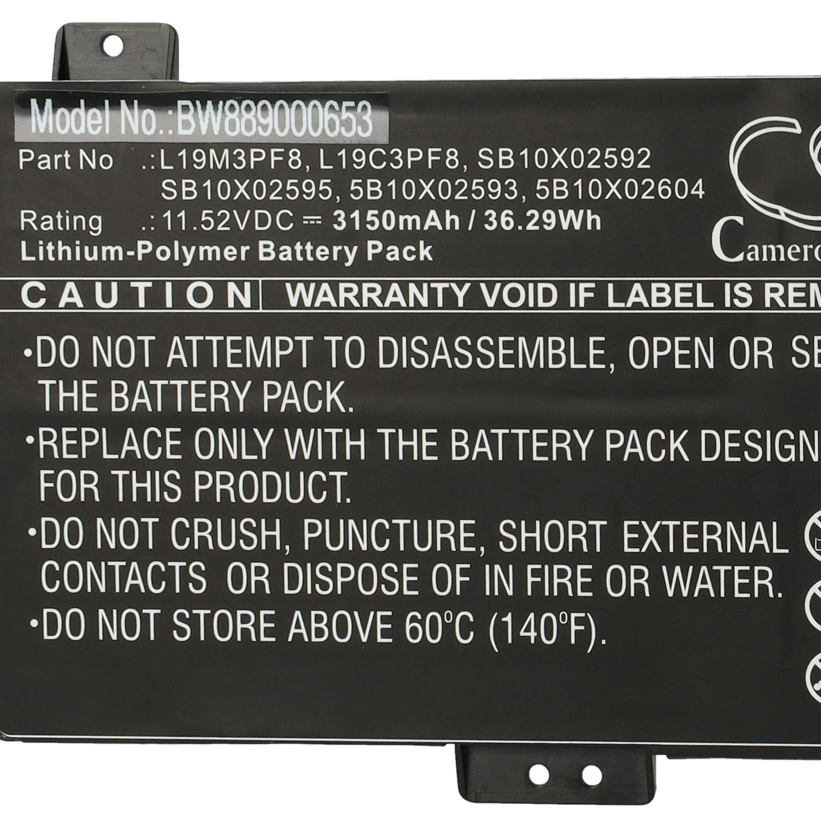 Batería reemplaza Lenovo 5B10X02593, 5B10X02604, L19C3PF8 para notebook Lenovo - 3150 mAh 11,52 V Li-poli