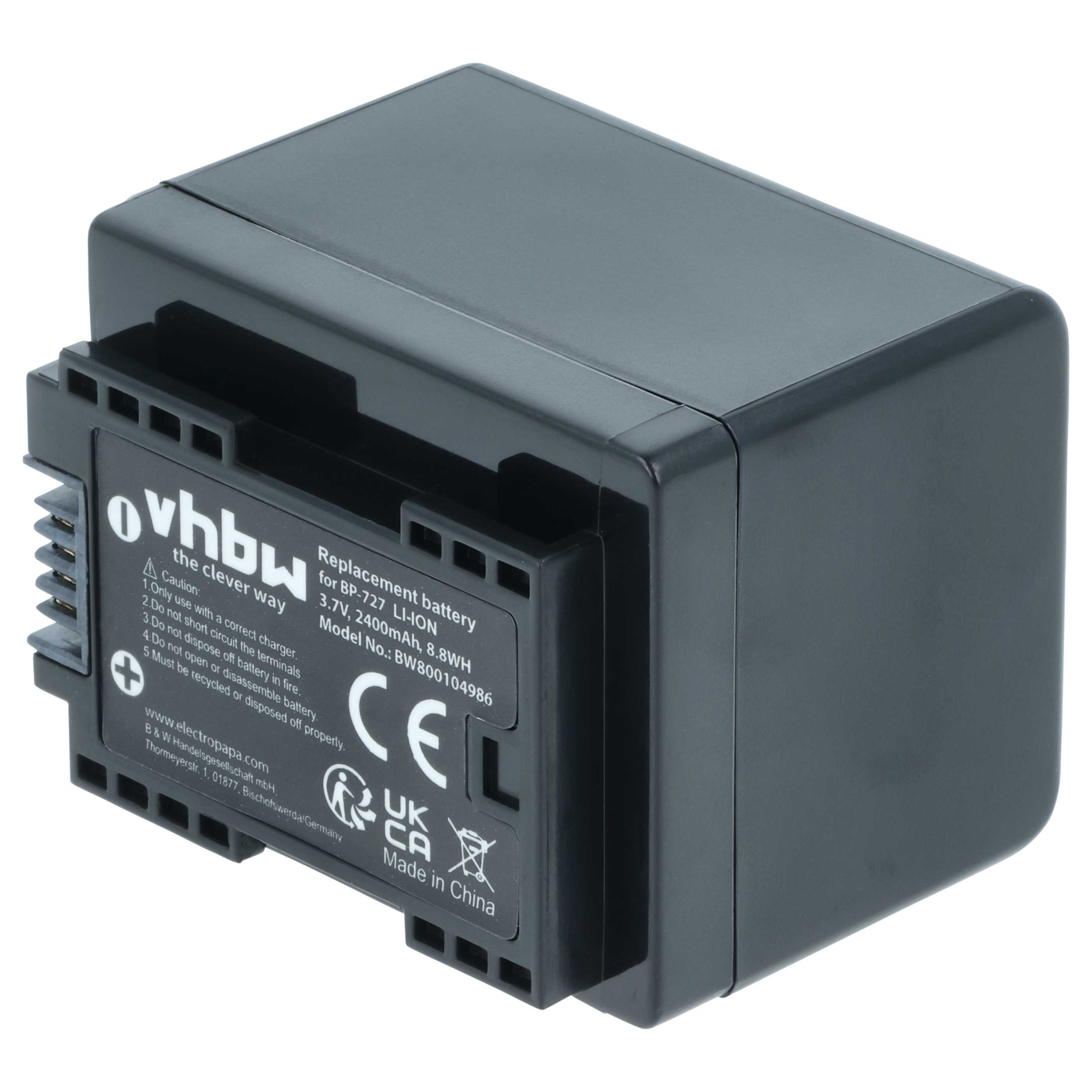 Batteria per videocamera sostituisce Canon BP-727 - 2400mAh 3,6V Li-Ion con infochip