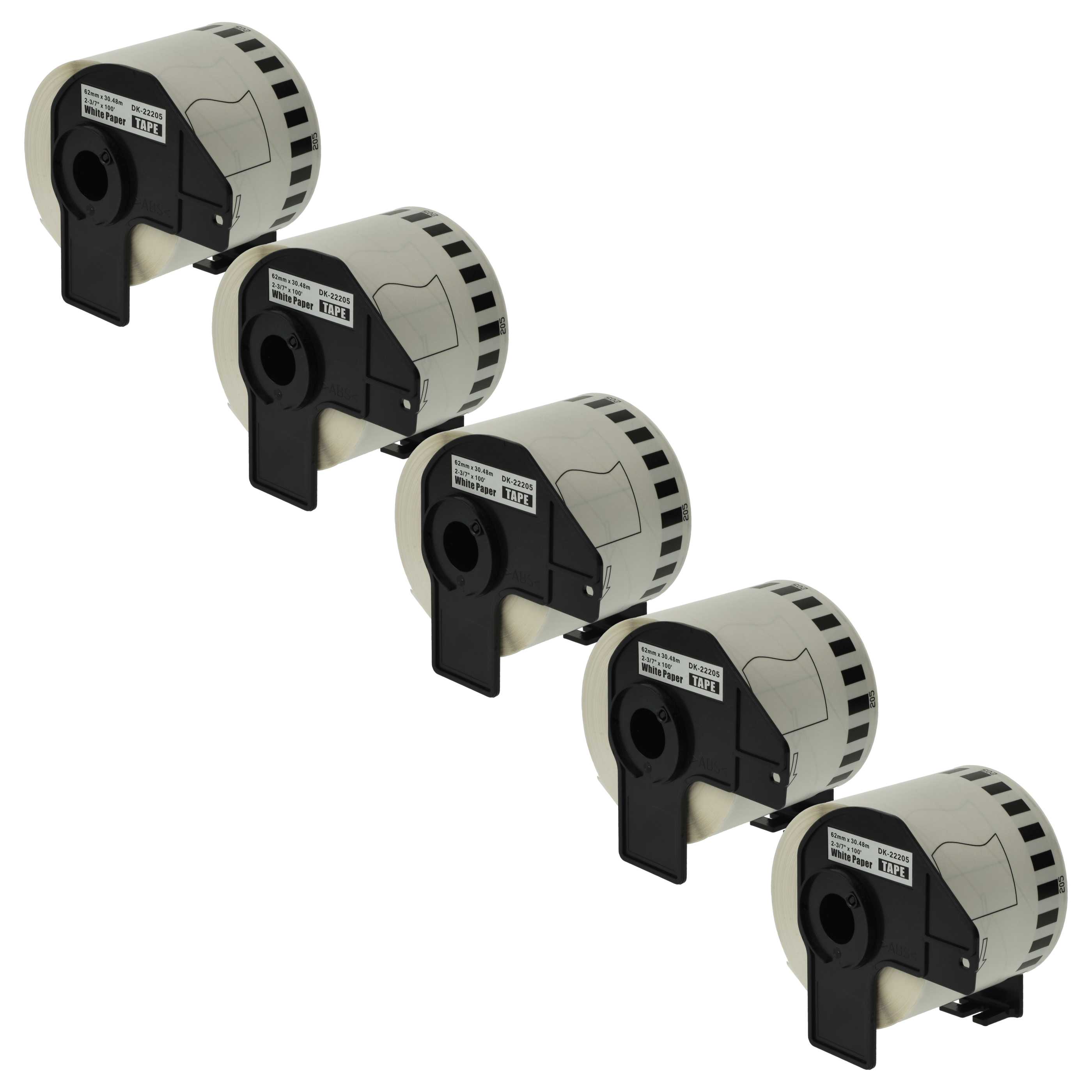 5x Label Roll replaces Brother DK-22205 Labeller - Premium 62 mm x 30.48 m + Holder