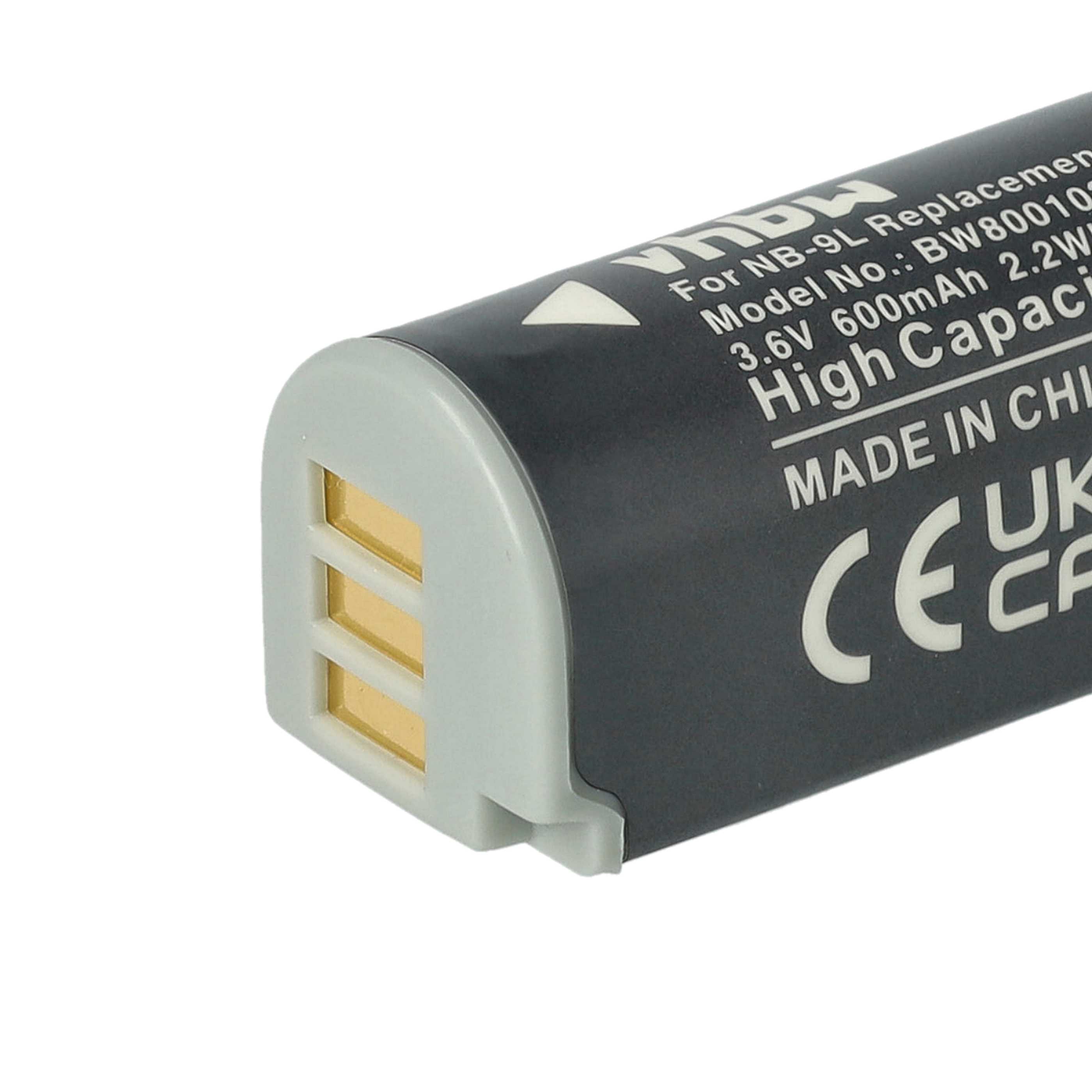 2x Battery replaces Canon NB-9L - 600mAh, 3.6V, Li-Ion