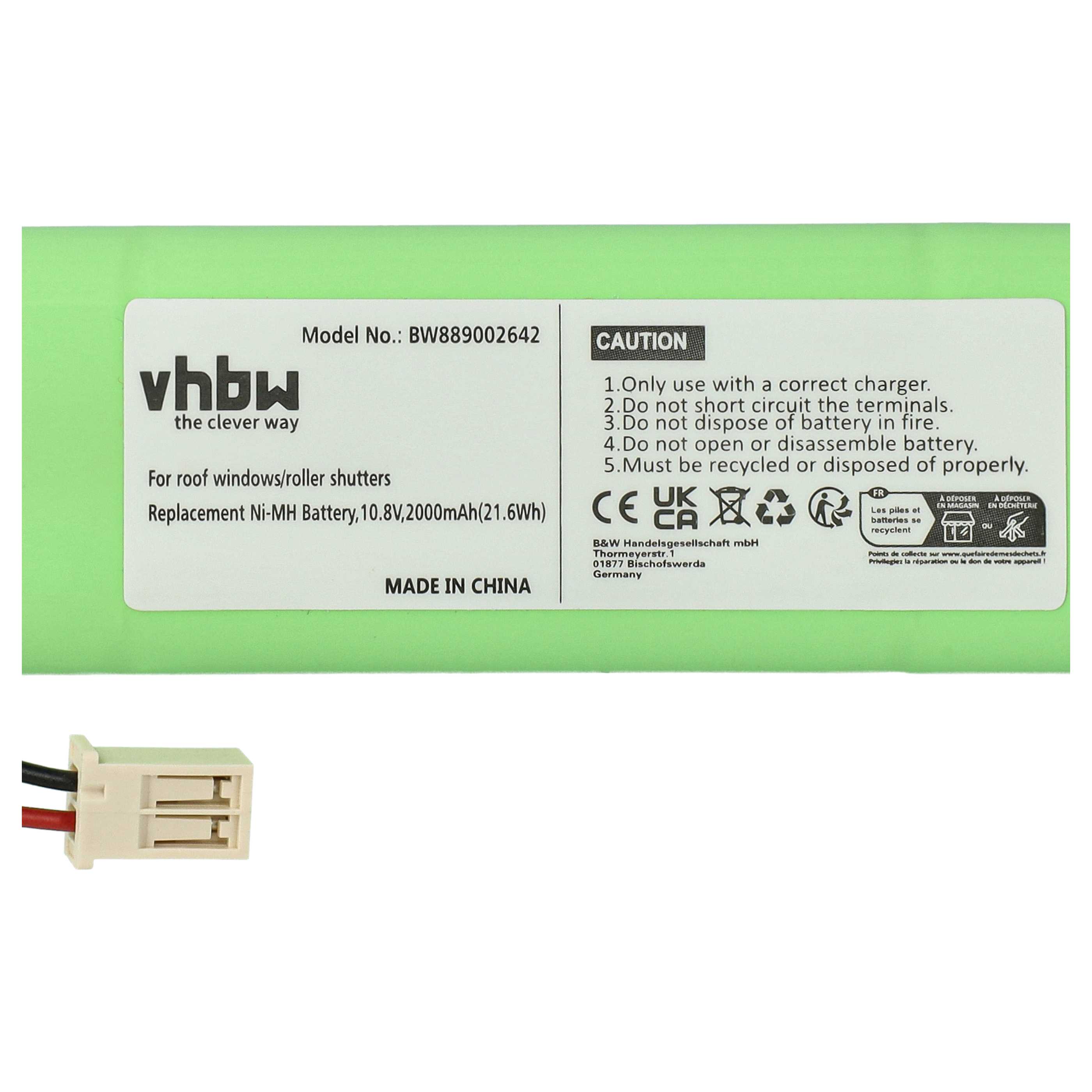 Charger incl. Battery (2000 mAh) replaces Velux 946933, 946930, GP210AFHT, 846933 for NiMH Batteries