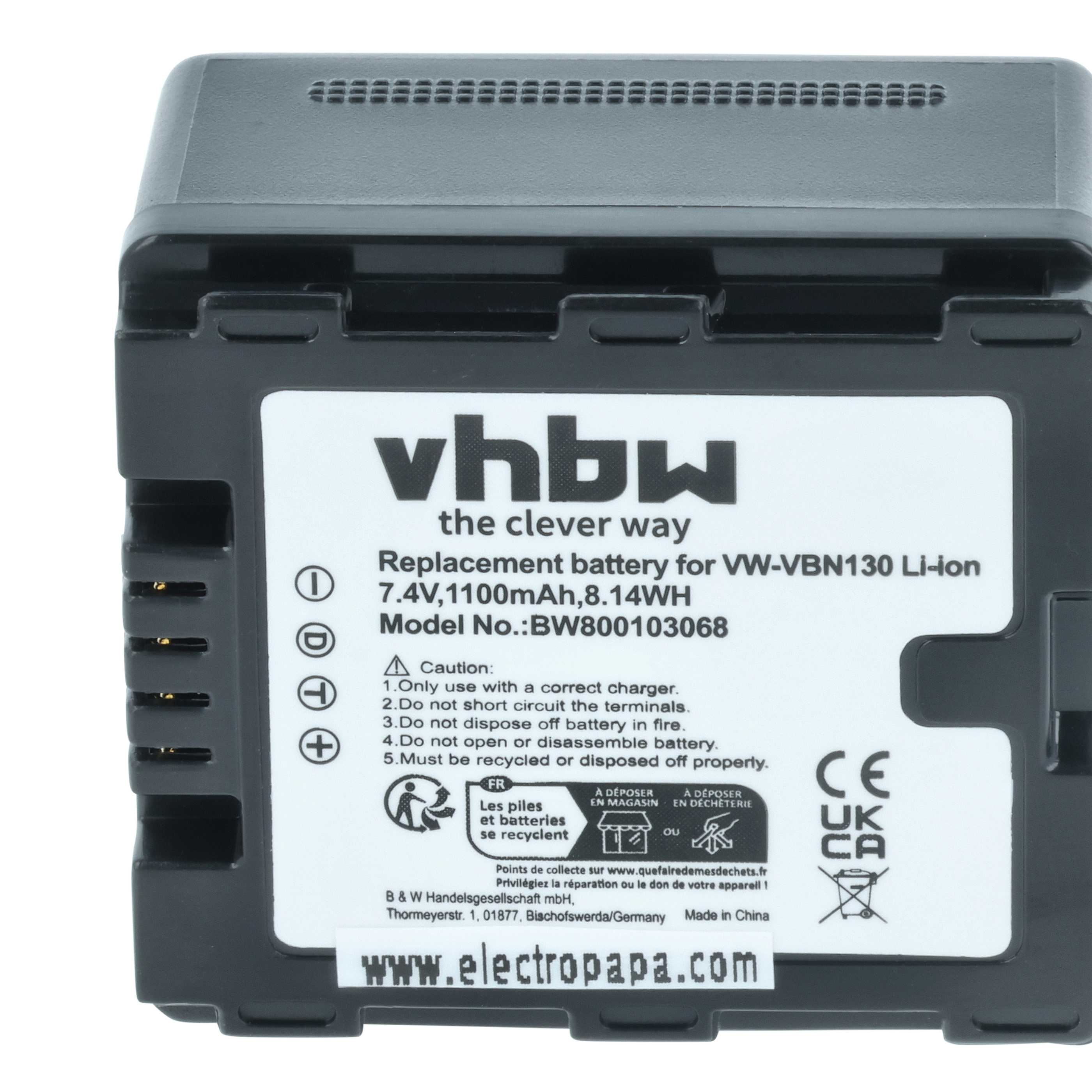 Videocamera 2x Battery replaces Panasonic VW-VBN130E-K, VW-VBN130E, VW-VBN130 - 1100 mAh 7.2 V Li-Ion